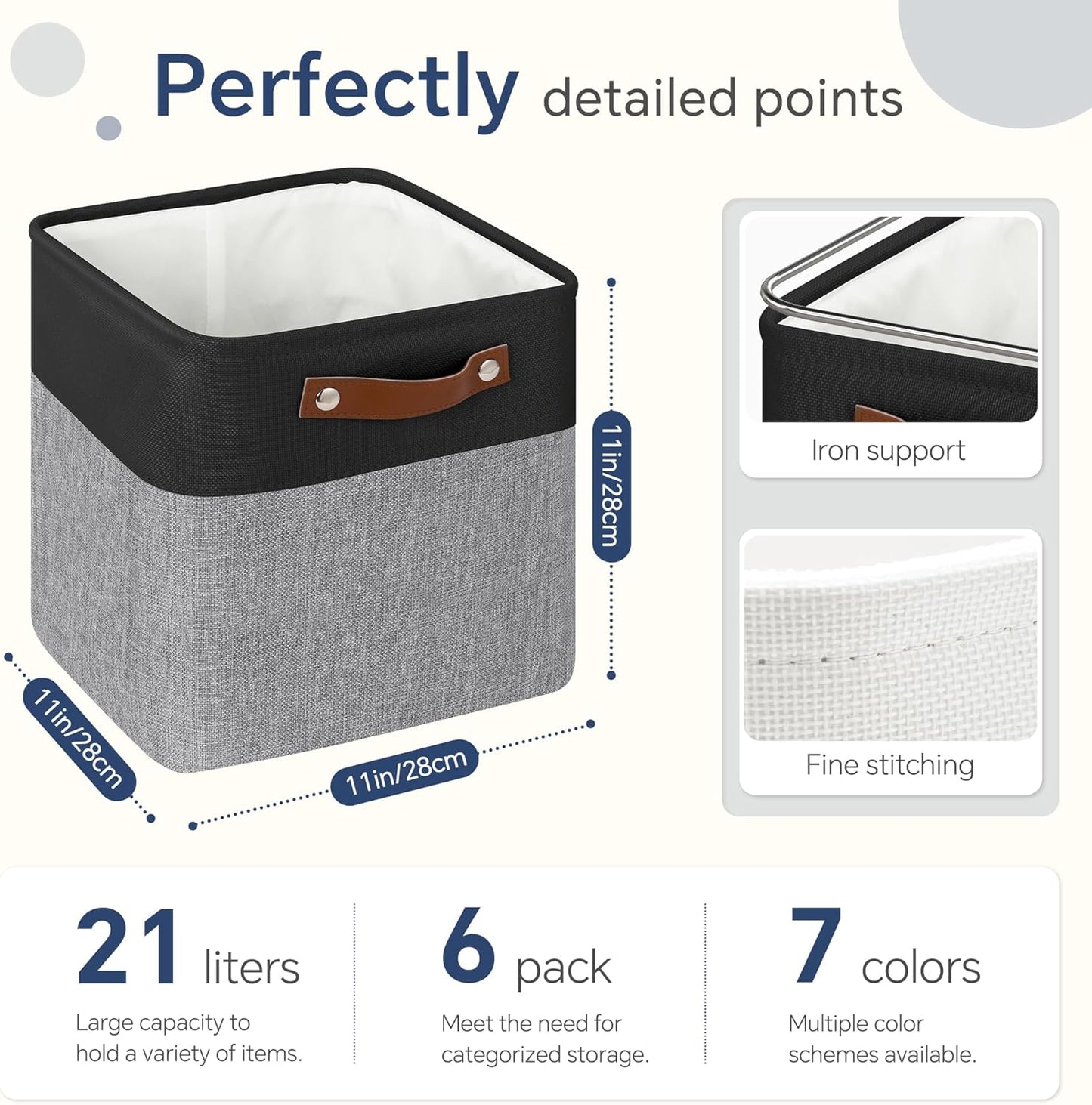 Cube Storage Baskets 6 Pack, 11x11 inch Foldable Cube Storage Bins with Leather Handles for Shelf Closet Nursery Toys (Black/ Gray)