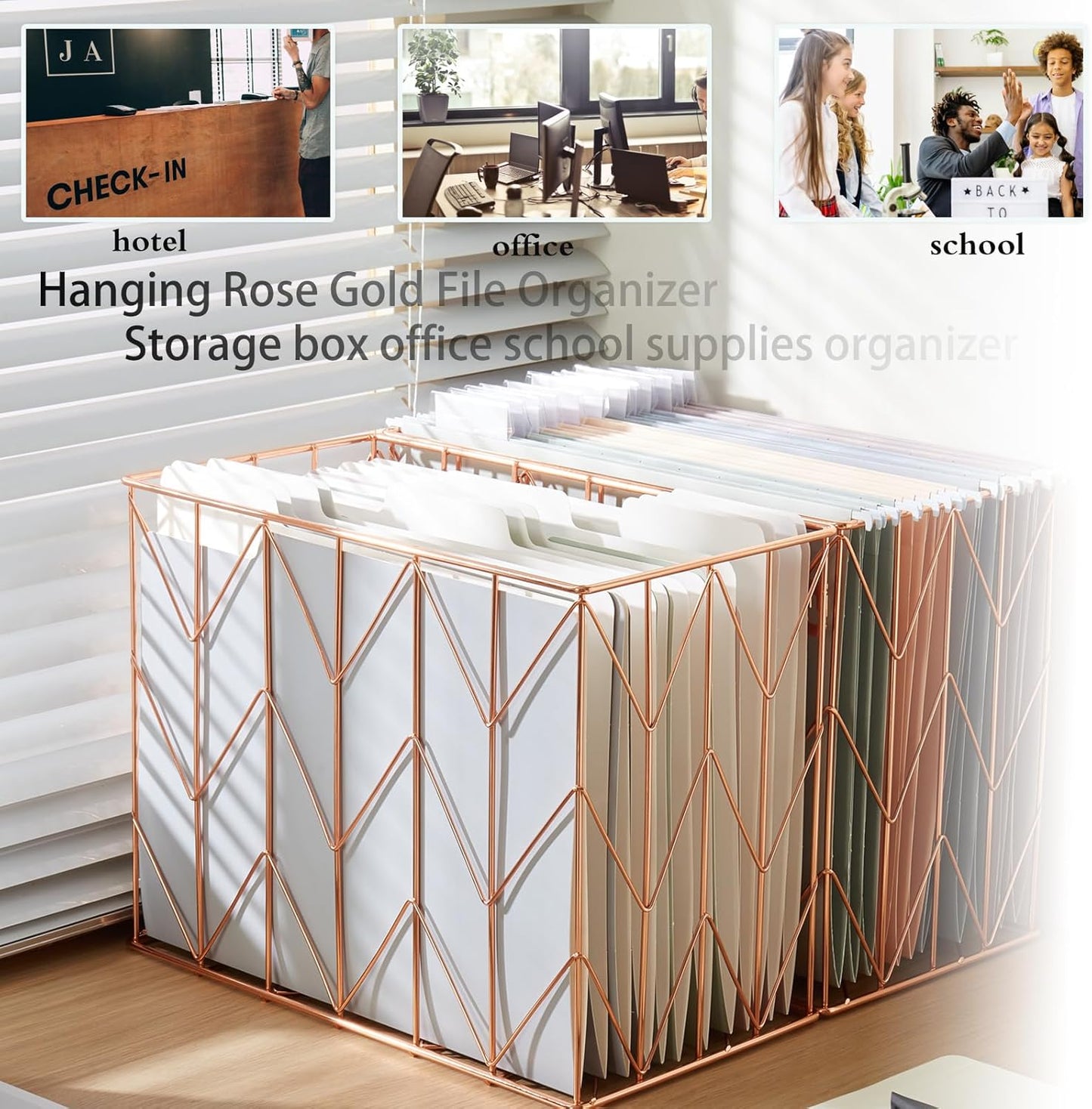1 Pack Metal Hanging Rose Gold File Organizer, Basket, Box, Storage Box, Office and School Supplies Organizer
