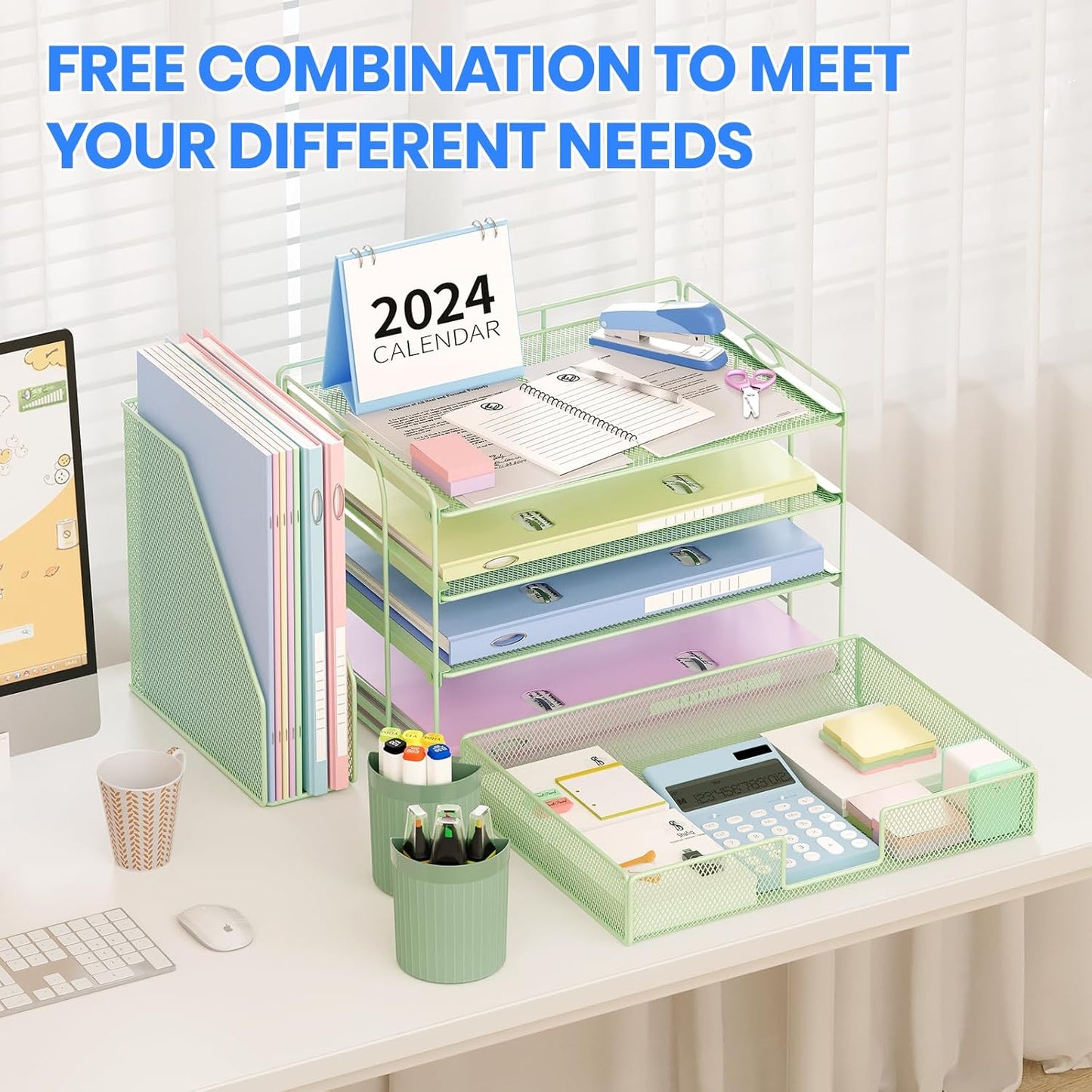 Desk Organizer and Accessories, 4-Tier Desktop File Organizer with Drawer and 2 Pen Holders, Office Desk Accessories, File Sorters, Workspace Organizers for Office Supplies(Green)