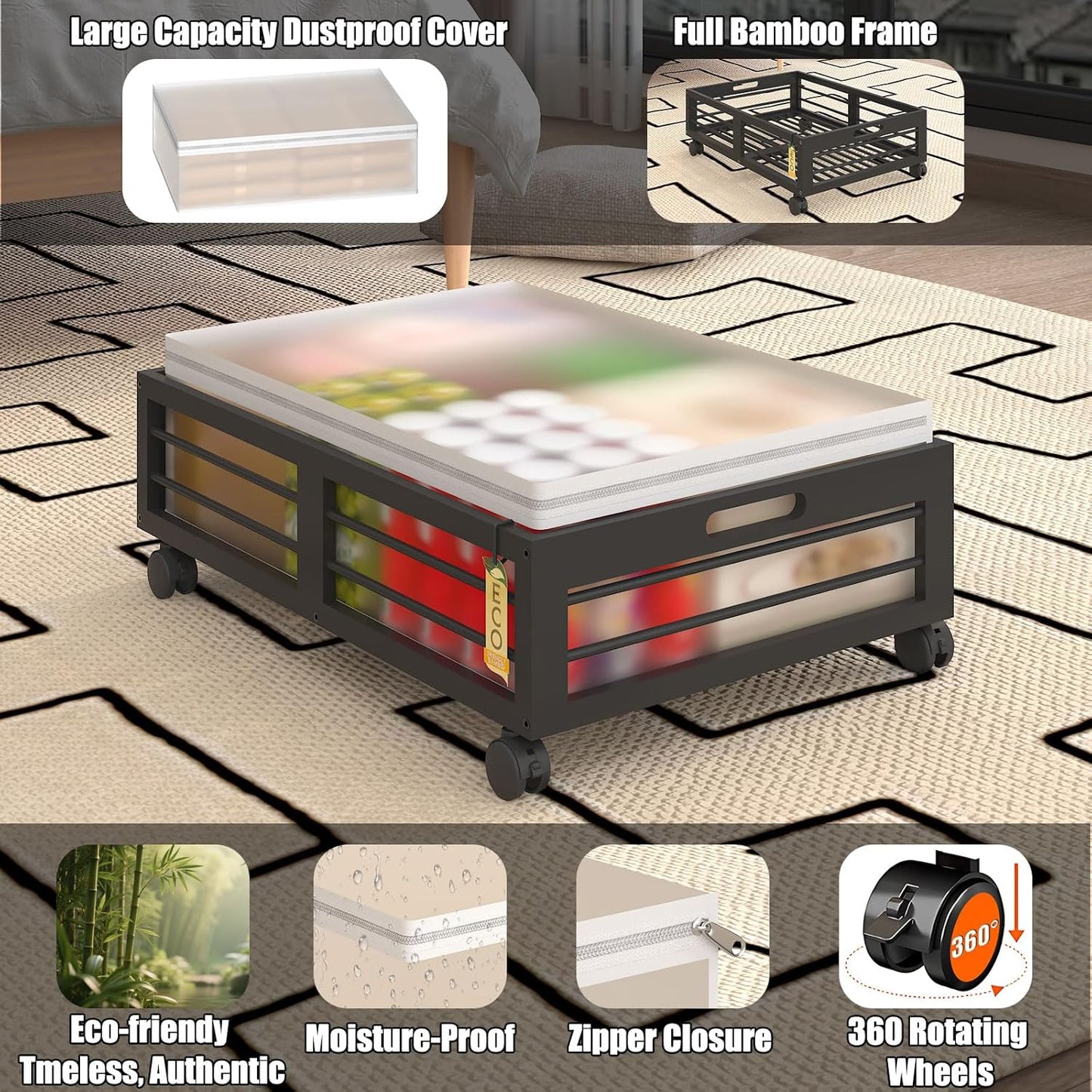 Under Bed Storage Containers with Wheels, Larger Bamboo Wood Under Furniture Storage Containers with Dust Bags，Rolling for Shoes Clothes