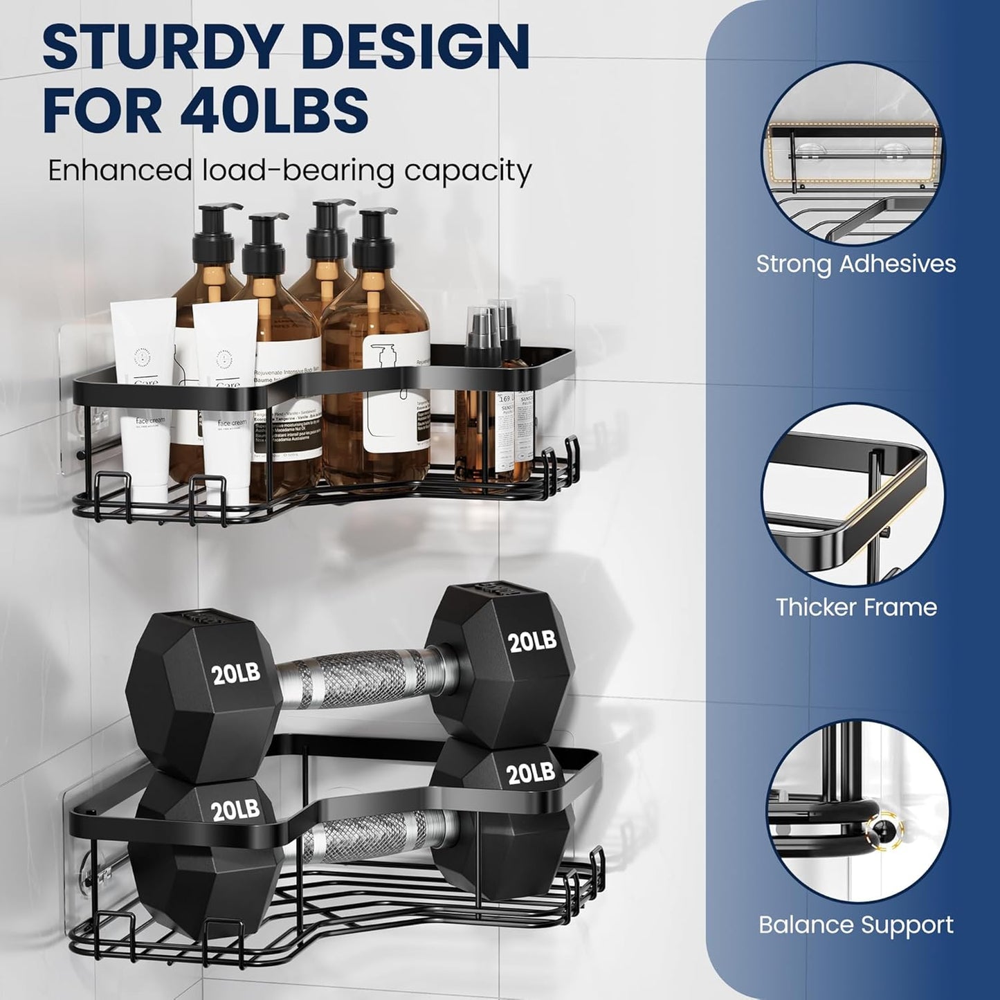 MAXIFFE 3 Pack Corner Shower Caddy with Soap Holder, Large Capacity Sturdy Adhesive Stainless Steel No Drilling Shower Organizer Shelves Rack Storage Inside Shower for Bathroom Family Renters, Black