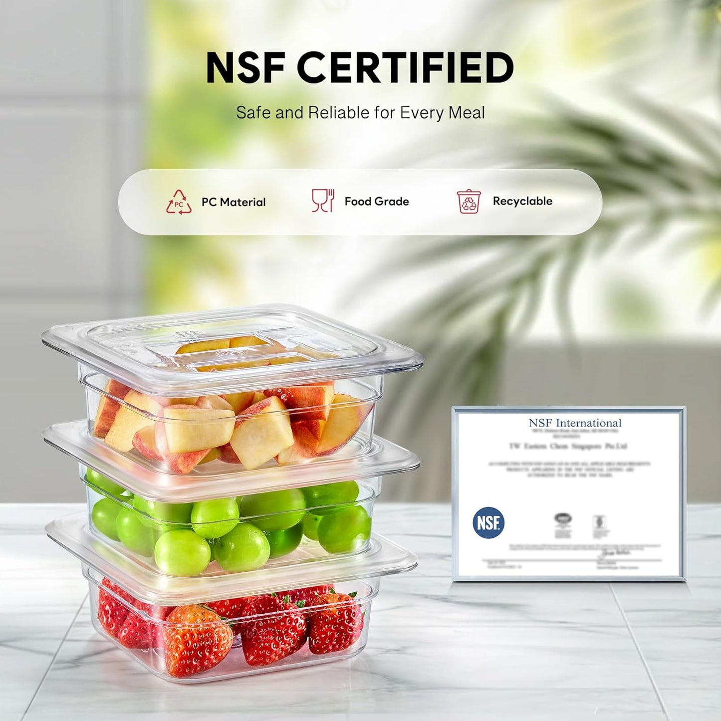 Wilprep 6 Pack Plastic Food Pans with Lids, 1/6 Size 2.5 in Deep Clear Food Storage Containers, 1.1 qt Stackable Polycarbonate Commercial Hotel Pans for Fruits Vegetables Beans Corns, NSF Listed