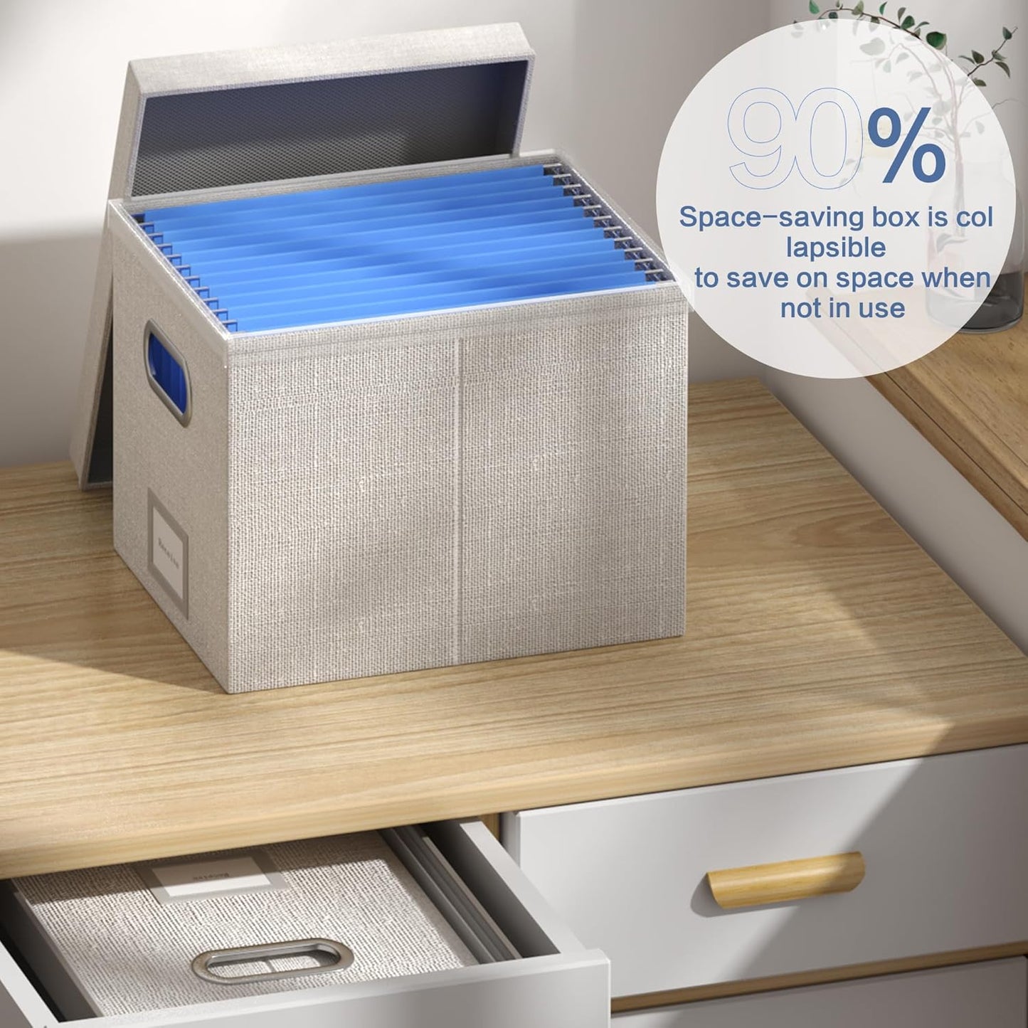 File Organizer Box - File Boxes for Hanging Files with Lid Set of 3 Decorative Hanging Folders Organizer with One-Piece Plastic Frame Slides (Light Grey, 13.2 * 10.1 * 10.1in(3Pack))