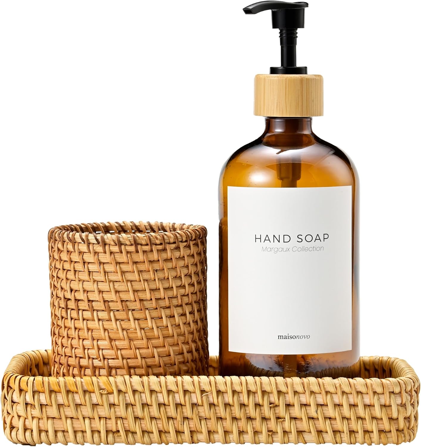 MaisoNovo Rattan Bathroom Set - Amber Countertop Dispenser, Toothbrush Holder & Toothpaste Cup with Tray - Set of 3 - Rattan Bathroom Vanity Trays Rectangle for Storage