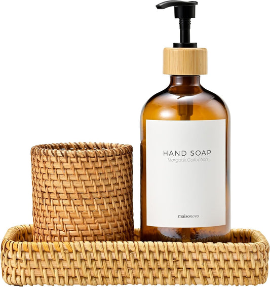 MaisoNovo Rattan Bathroom Set - Amber Countertop Dispenser, Toothbrush Holder & Toothpaste Cup with Tray - Set of 3 - Rattan Bathroom Vanity Trays Rectangle for Storage