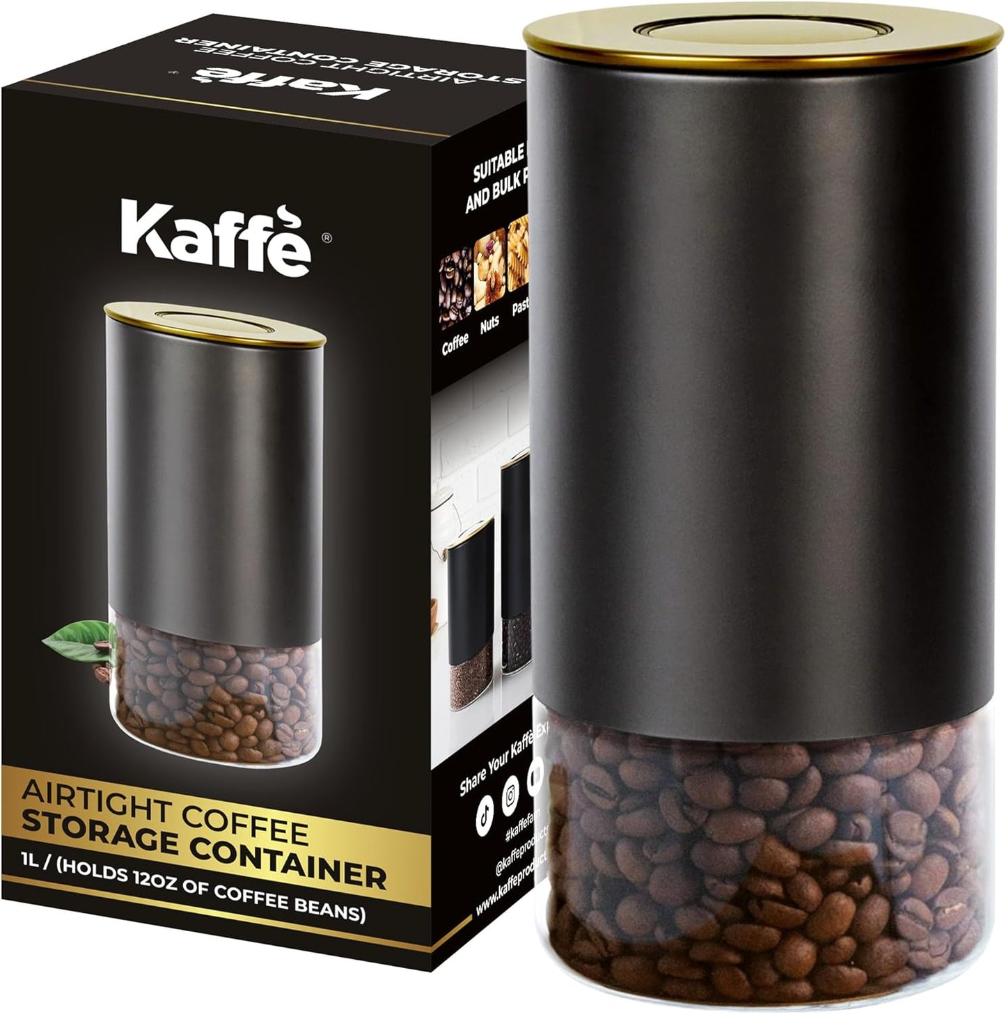 Kaffe Glass Coffee Canister (12oz) w/Airtight Lid - Click to Release Seal - BPA Free Glass & Stainless Steel - Elegant Kitchen Storage Container for Coffee, Nuts, Rice, Flour, Sugar, Tea, Cereal