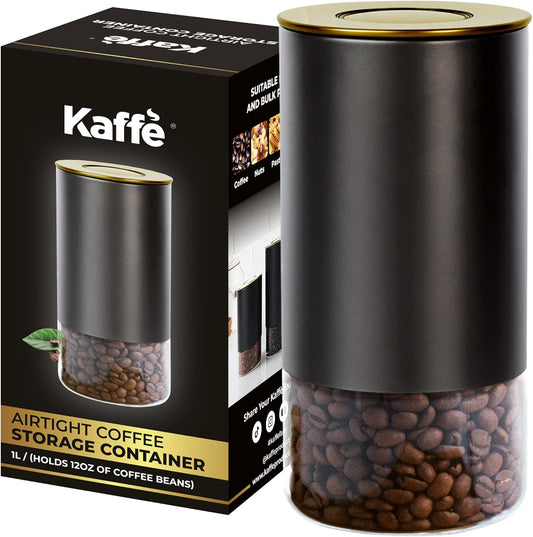 Kaffe Glass Coffee Canister (12oz) w/Airtight Lid - Click to Release Seal - BPA Free Glass & Stainless Steel - Elegant Kitchen Storage Container for Coffee, Nuts, Rice, Flour, Sugar, Tea, Cereal