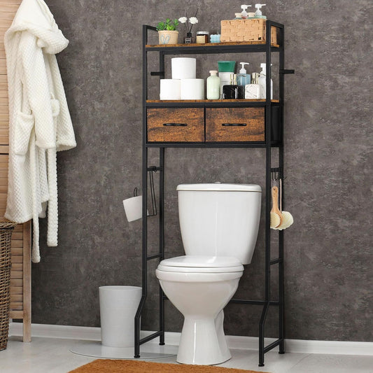 YBING Over The Toilet Bathroom Storage Cabinet for Freestanding, Above Toilet Shelf with Fabric Drawer, Tall Bathroom Shelf Organizer with Toilet Paper Holder, Brown