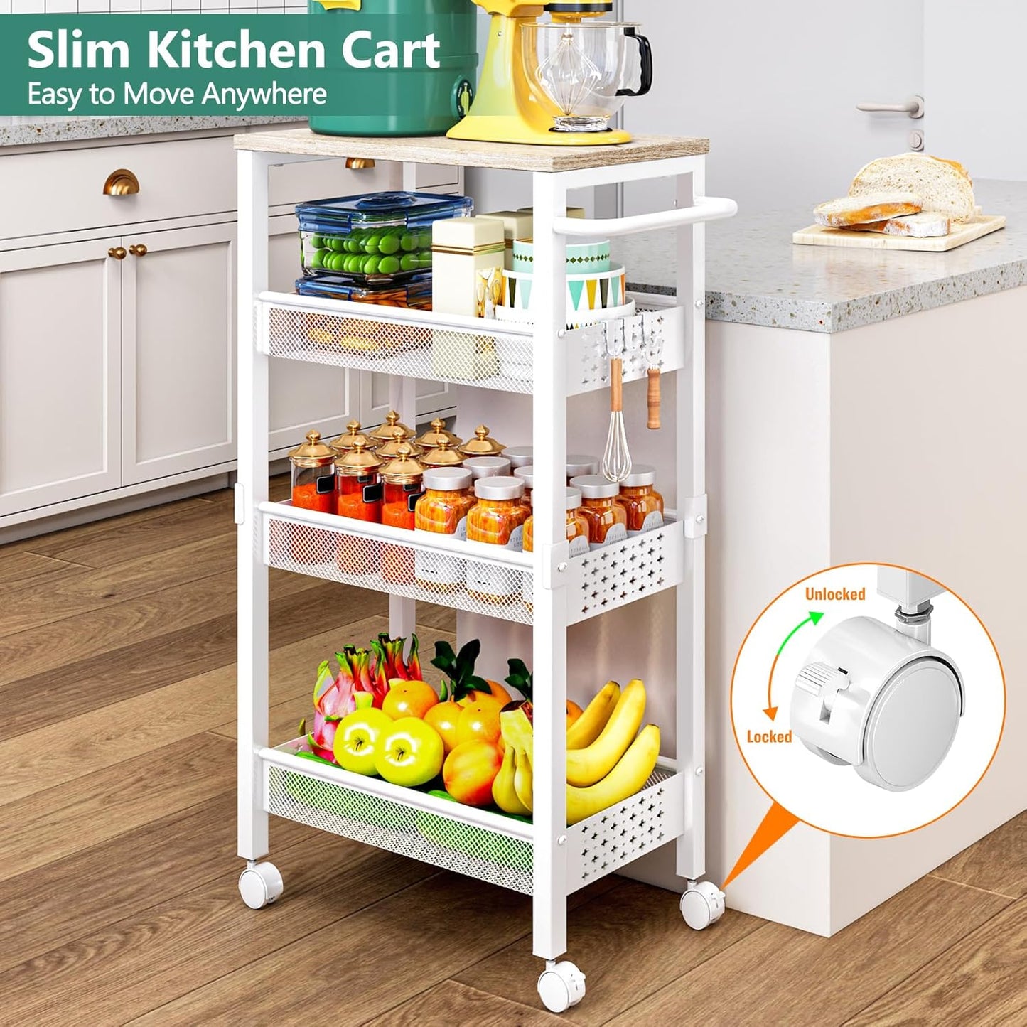Utility Slim Storage Cart with Wheels, 4 Tier Small Rolling Cart with Wood Top, Metal Kitchen Bathroom Laundry Room Organization Trolley with Handle for Narrow Space - White