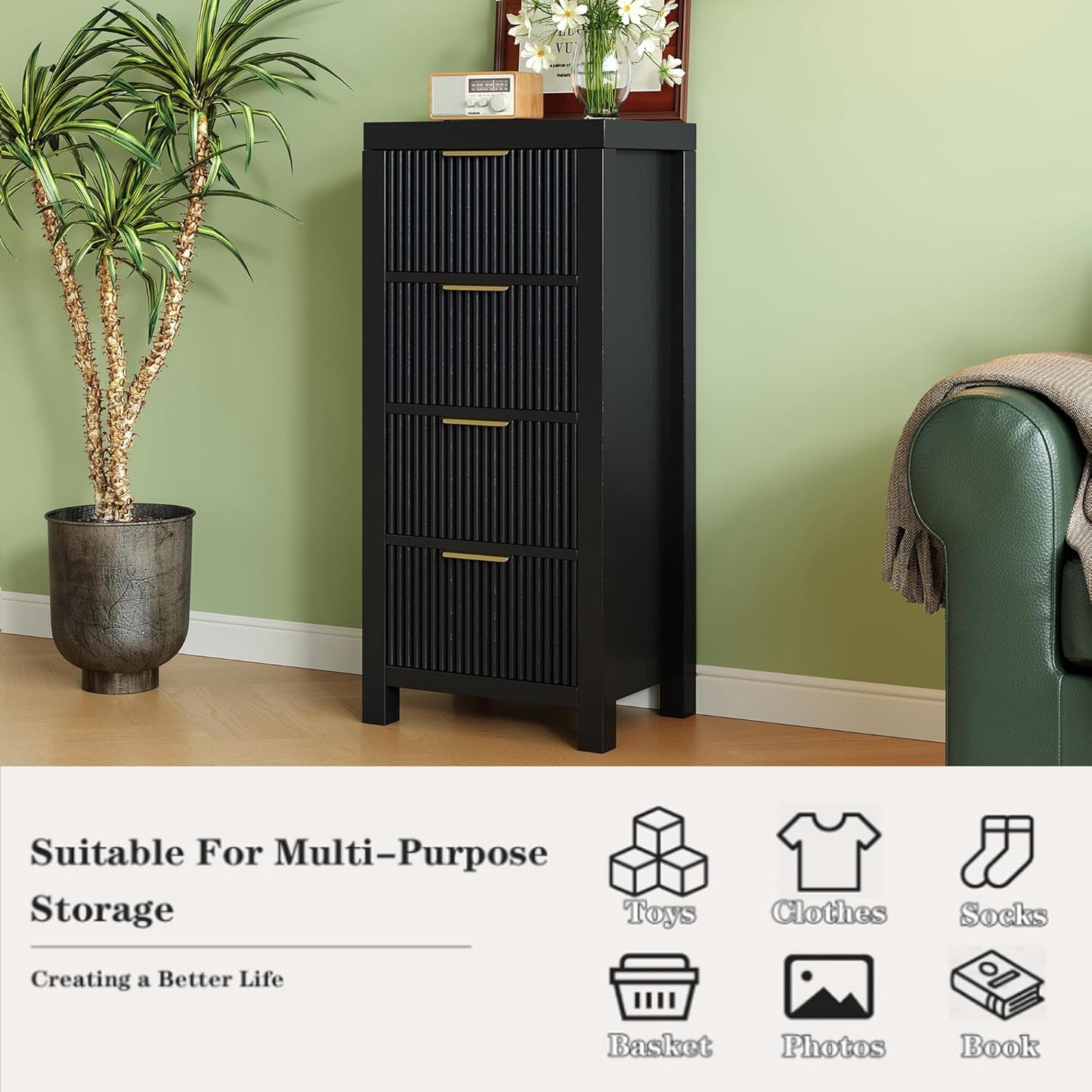 Tall Mid-Century Dresser with 4 Large Drawers, Black Wood Storage Cabinet with Metal Handles for Entryway, Bedroom, or Office