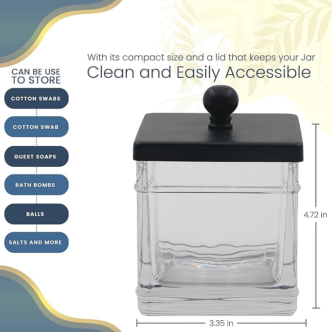 Clear Transparent Hotel Style Apothecary Tempered Glass Canister Jar W/ Matte Black Metal Lid Cover, Classic Countertop Organizer for Cotton balls/pads, Floss Picks, Makeup Storage