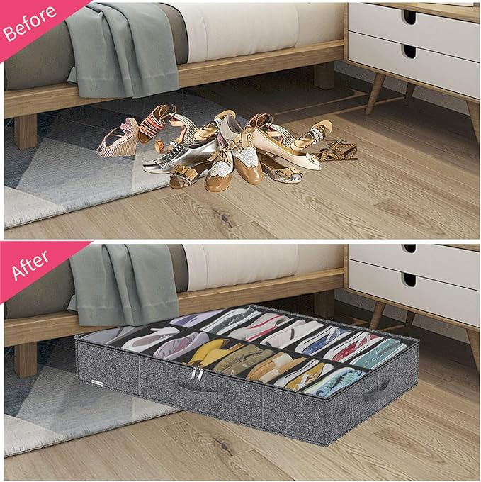 Sturdy Shoes Storage Organizers Boxes Fit 16x2 Pairs, Foldable Shoe Sneaker Container Bin Holder for Closet with Clear Cover, 37.8"x23.6"x5.9", Cotton-like Black, ZMXBUBS16P2