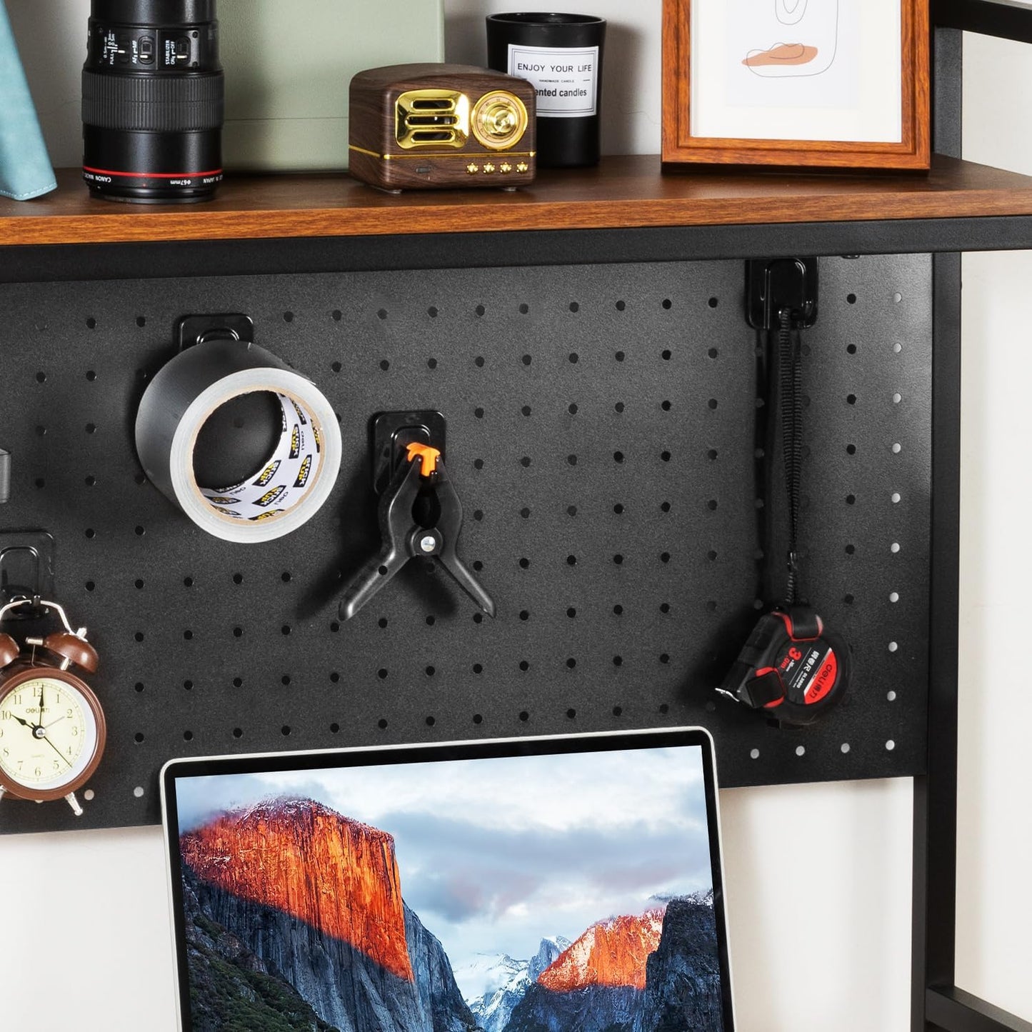 deli Desktop Bookshelf, Metal Desk Shelf Bookcase with Pegboard Hooks Set, 2 Tier Display Rack, Multipurpose Wood Desktop Hutch Storage Organizer for Dorm Office Home