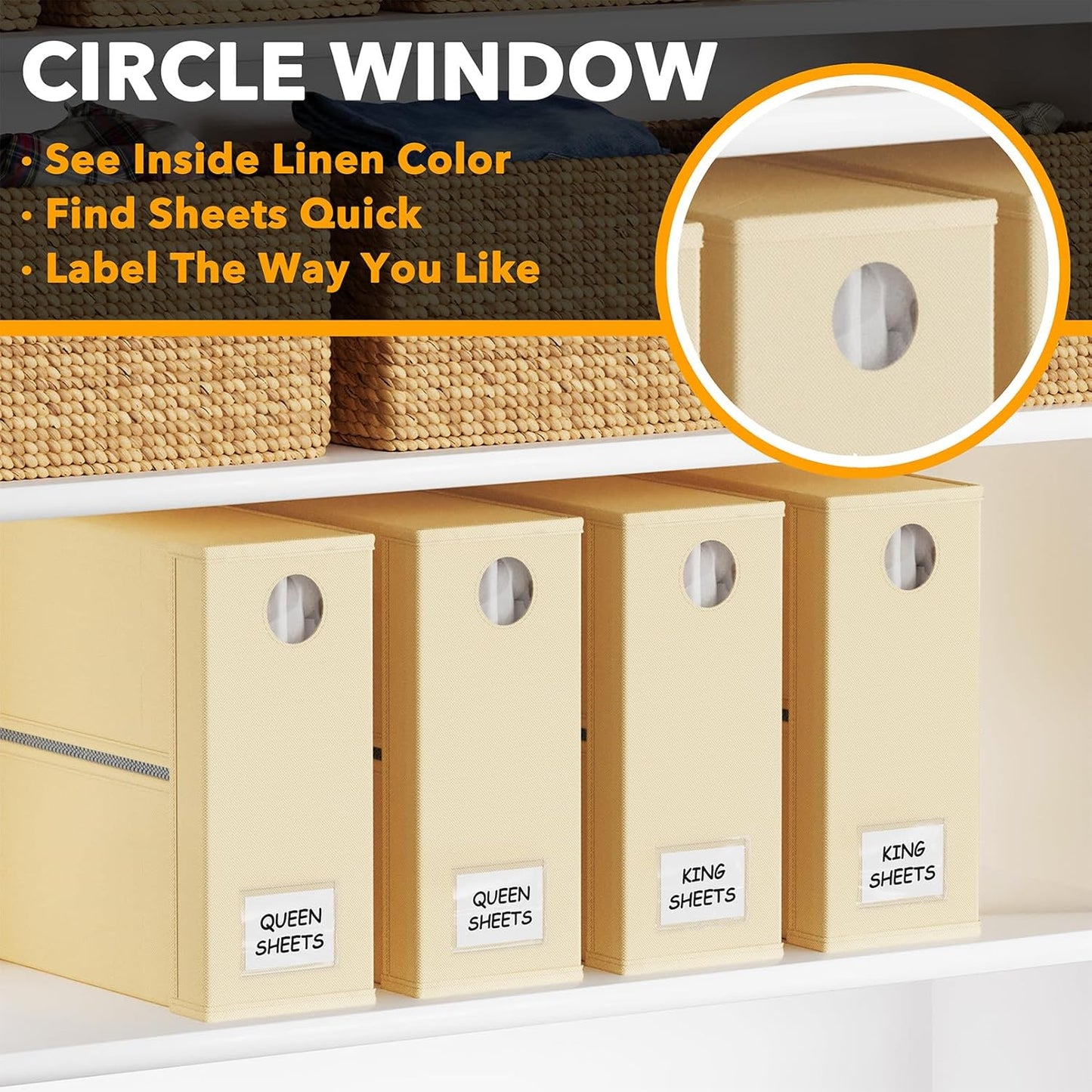 SpaceAid 4 Pack Bed Sheet Organizers and Storage, Foldable Sheet Organizer for Linen Closet, Sheets Set Folder Keeper with Window XL (Queen & King Size) Organizing Bedding Container, Beige