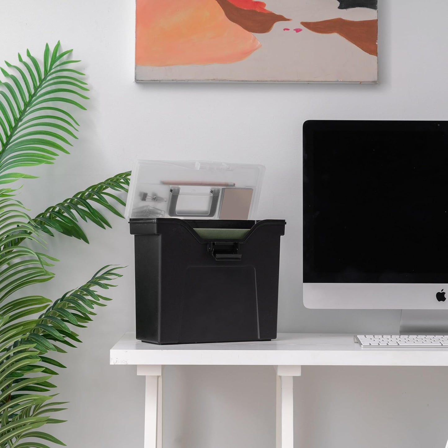 IRIS USA Portable File Box With Handle, Slim w/Organizer Lid, Plastic File Organizer Box for Letter Files, Hanging Filing Folder Organizer, Lockable, Secure Buckle, Black