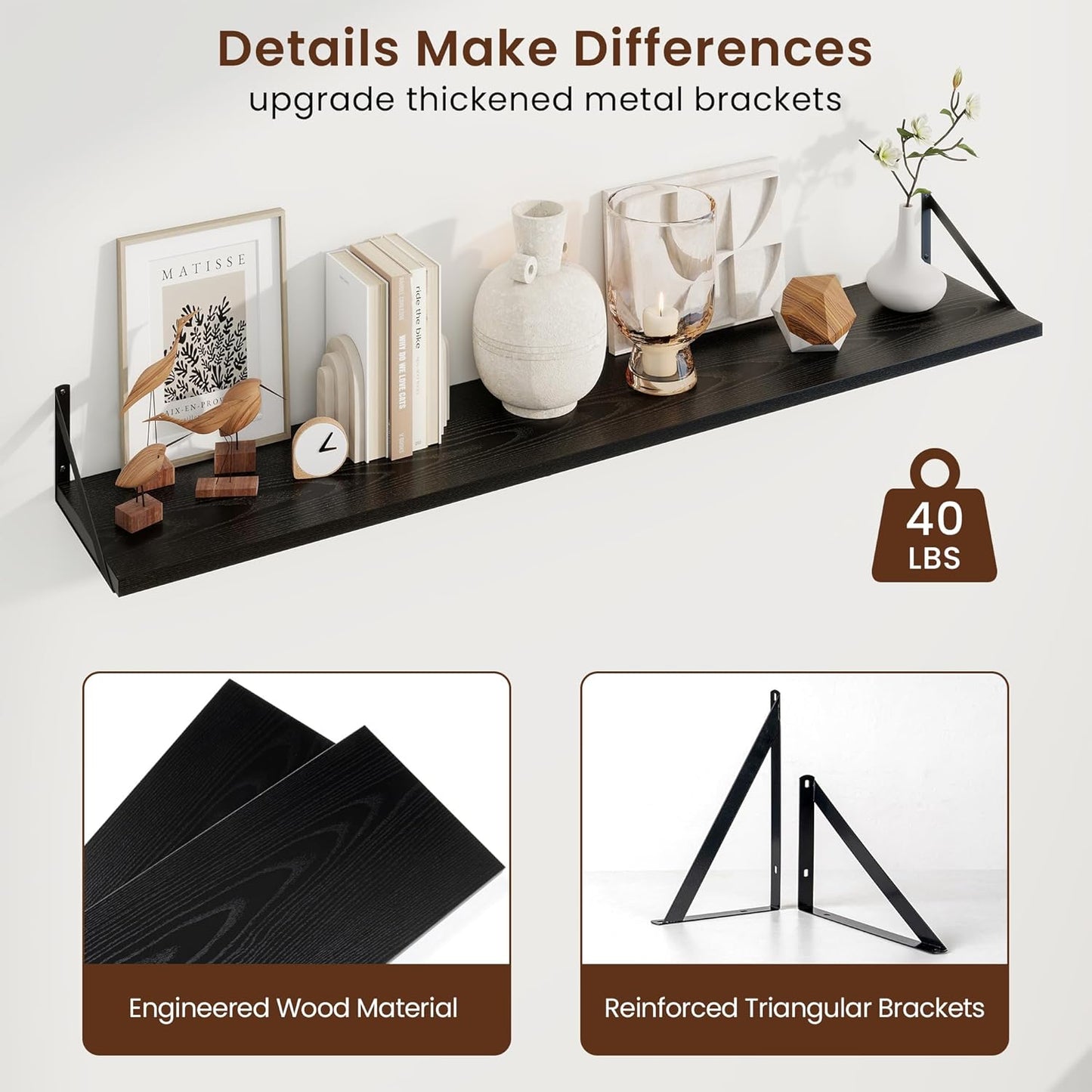 Axeman Deep Floating Shelves for Wall - 55 Inch Wide x 10 Inch Deep Black Floating Shelves Set of 2 - Wide Wall Shelves for Living Room Bathroom Bedroom