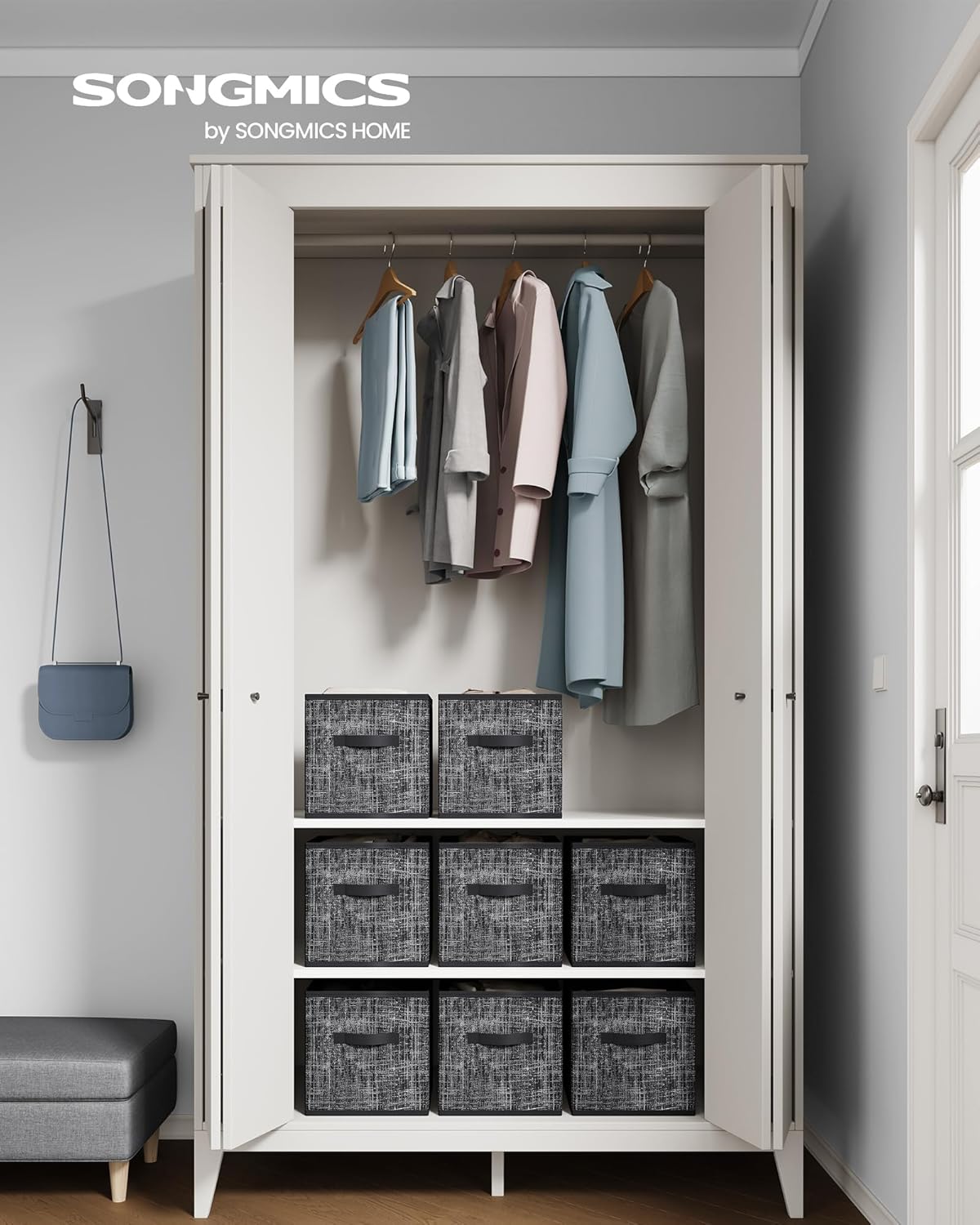 SONGMICS Storage Cubes, 11.8 x 11.8 x 11.8 Inches Non-Woven Fabric Bins with Double Handles, Set of 8, Closet Organizers for Shelves, Foldable, for Clothes, Ink Black UROB830B01