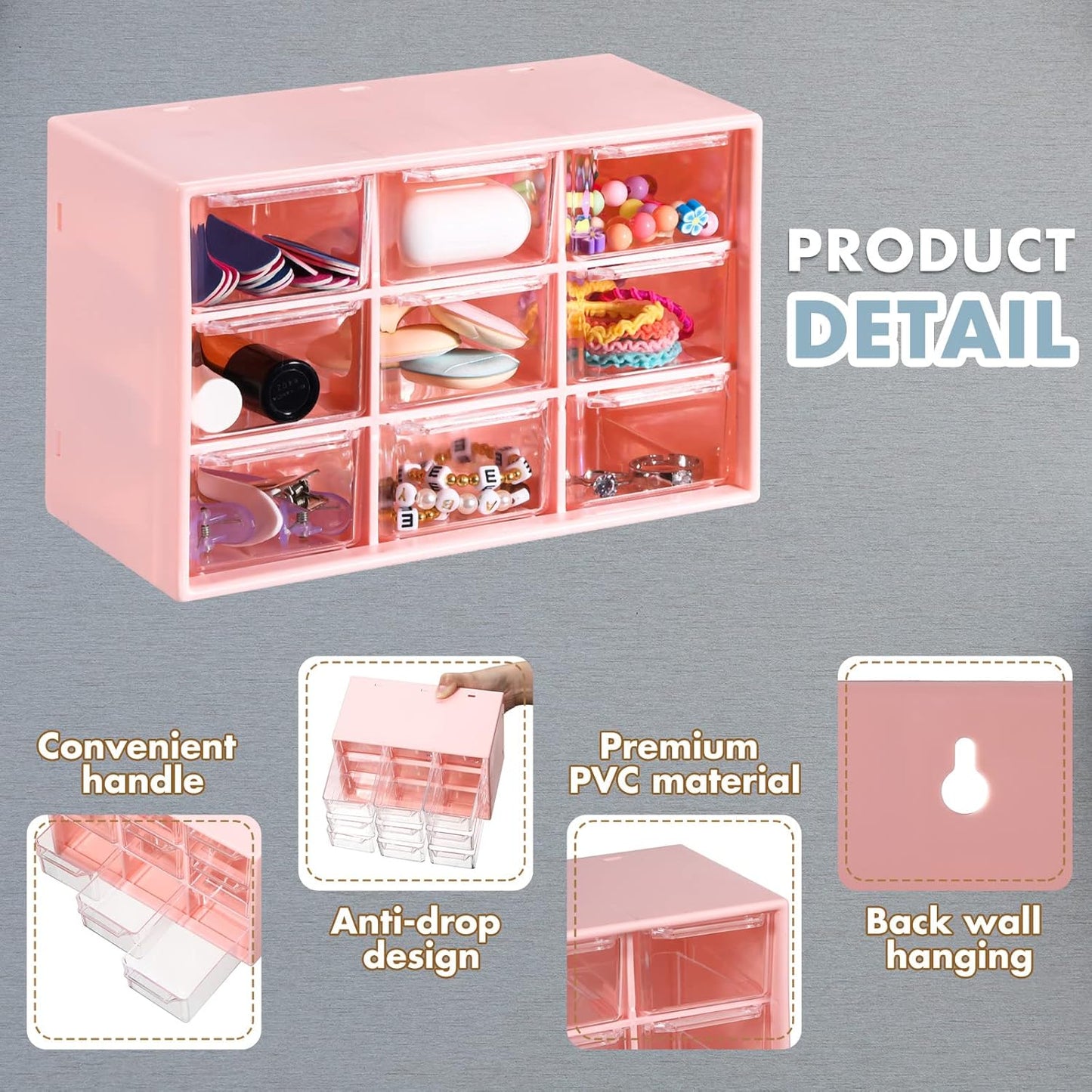 Amyhill 6 Pcs Mini Drawer Organizer Small Organizer with 9 Drawers Plastic Desktop Craft Storage Box for Office Home Room Jewelry Cosmetics Collection(Pink)