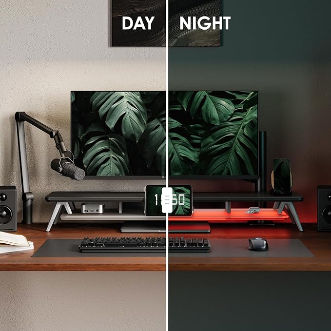 Fenge Dual Monitor Stand, 2 Tiers Acrylic Monitor Riser with LED Lights, 42.5 Inch Wood and Aluminum Desk Shelf with Phone and Tablet Holder