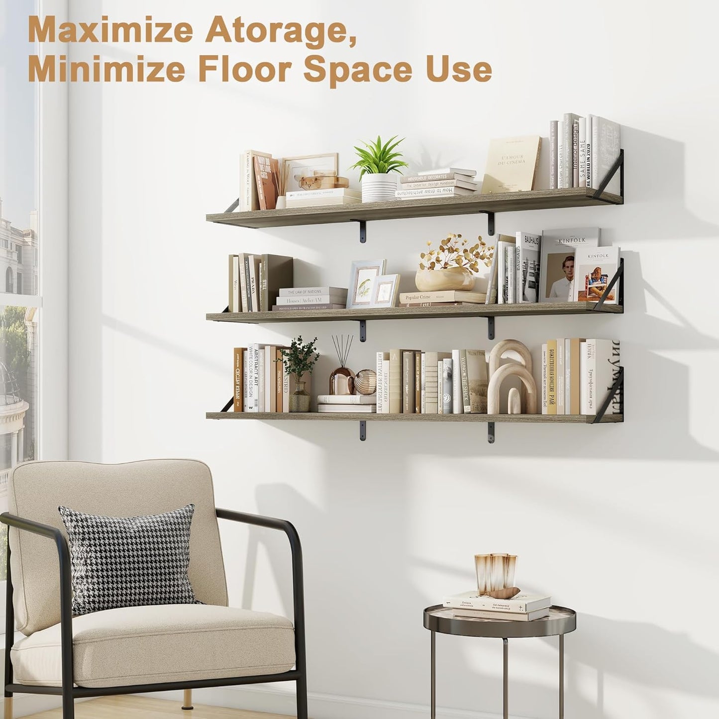 Fun Memories Extra Long Floating Wall Shelves, 48 x 8 Inches, Set of 3 Large Wood Floating Bookshelves with Metal Brackets for Storage & Display (Grey)