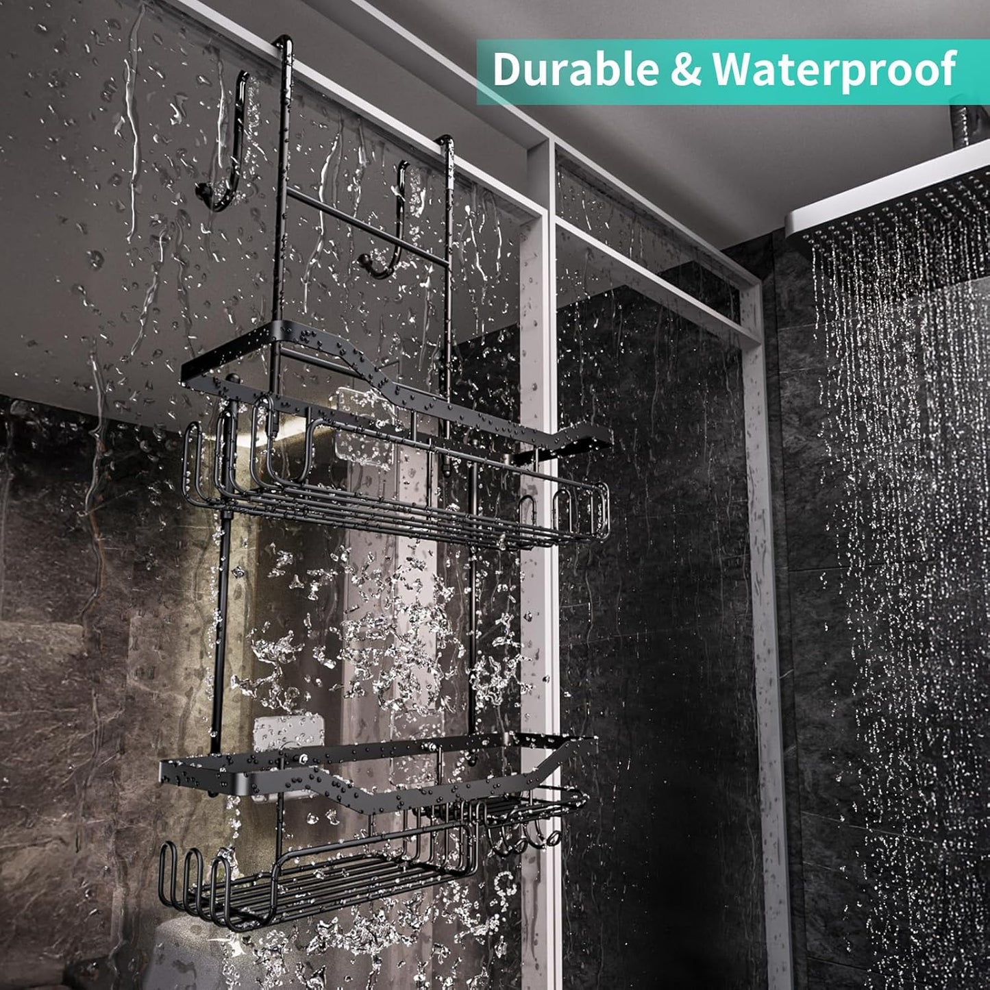 HapiRm Hanging Shower Caddy Over the Door with Soap Holder, No Drilling Adhesive Shower Organizer with 11 Hooks, Rustproof & Waterproof 304 Stainless Steel Bathroom Shelves - Black