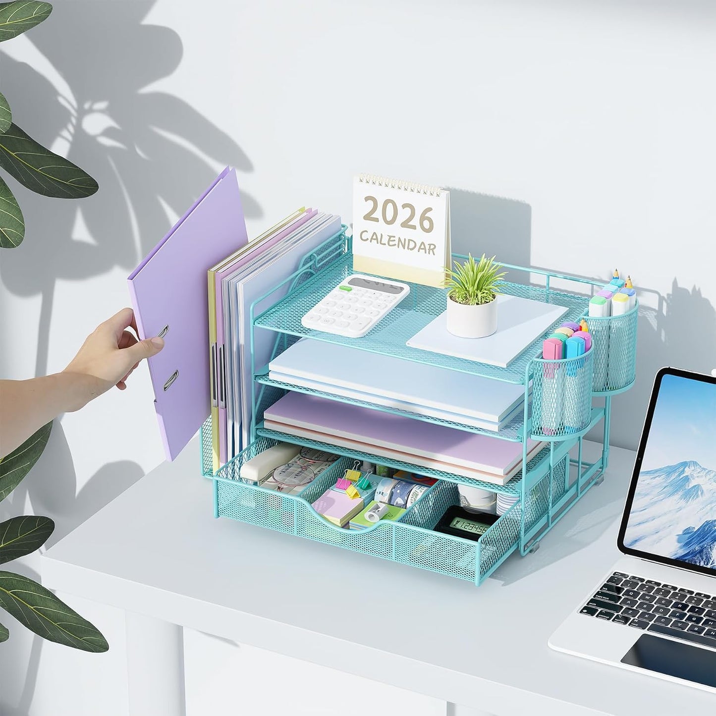 gianotter Desk Organizers and Accessories with File Holder, 4-Tier Desk Accessories & Workspace Organizers with Drawer and 2 Pen Holder, Paper Organizer for Office Supplies (Blue)