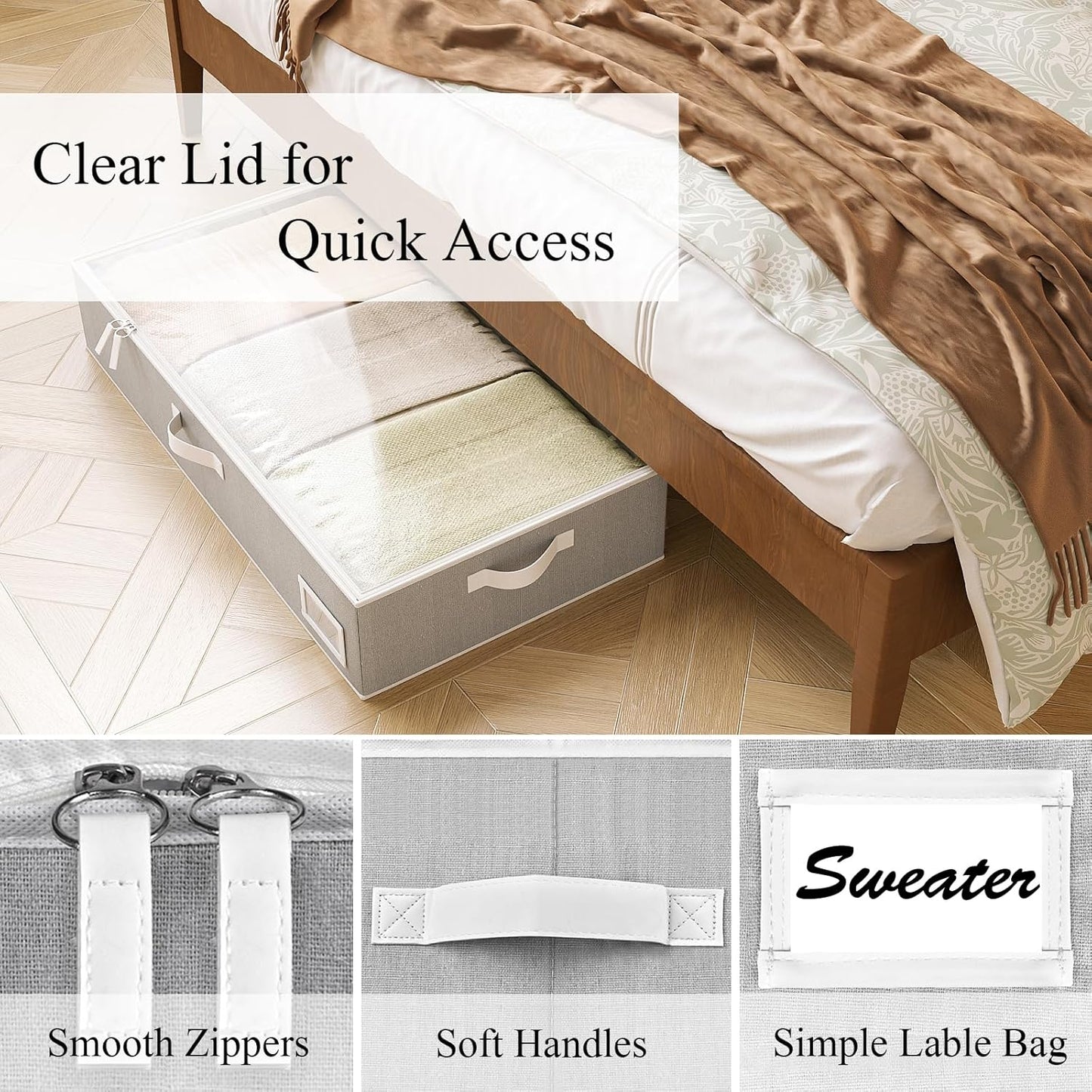 Under Bed Storage, Under Bed Storage Containers Bins for Clothes, Large Linen Underbed Closet Organization Bins, 2 Pack Collapsible Underbed Bin Dorm for Clothes, Sweater, Gray