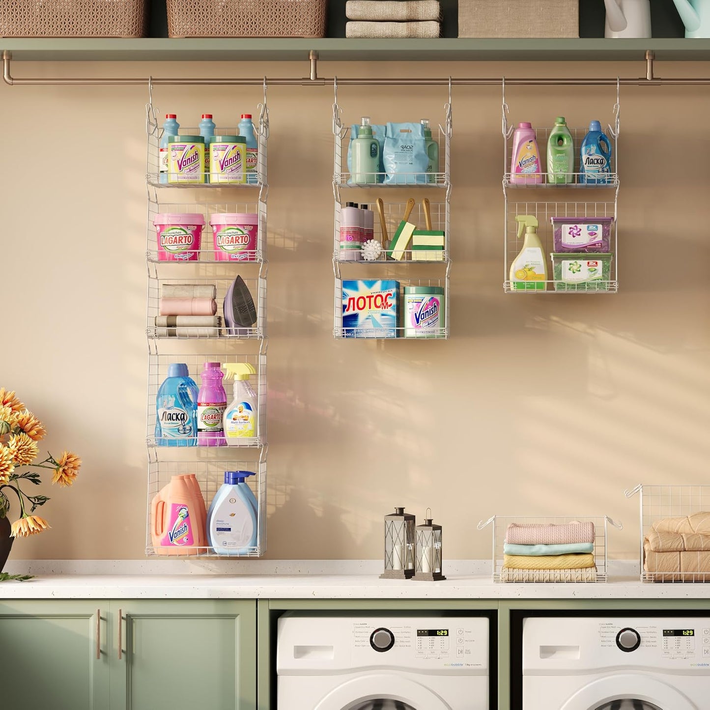 Sonyabecca 5-Tier Hanging Laundry Basket Organizer: Foldable Wire Shelf Basket with 4 Large Hooks 1.65" & 360°Rotating Hooks – Space-Saving Laundry Room Organization for Wardrobe Closet, White Patent