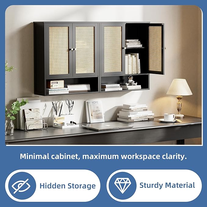 HITNET Wall Cabinet, Bamboo Medicine Cabinet with Rattan Doors and Adjustable Shelf, Bathroom Hanging Storage Organizer Over Toilet for Small Space (Black)