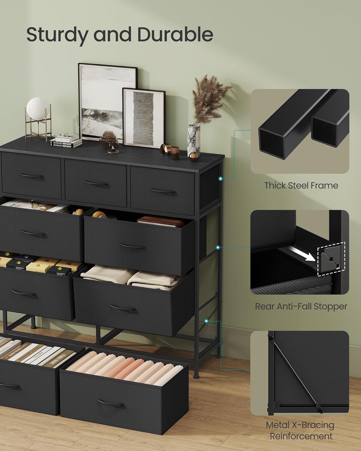 SONGMICS Dresser for Bedroom, Chest of Drawers, Steel, MDF, 9 Non-Woven Fabric Drawers, Storage Organizer Unit, Closet, Entryway, Ink Black and Ebony Black LGS324B01S