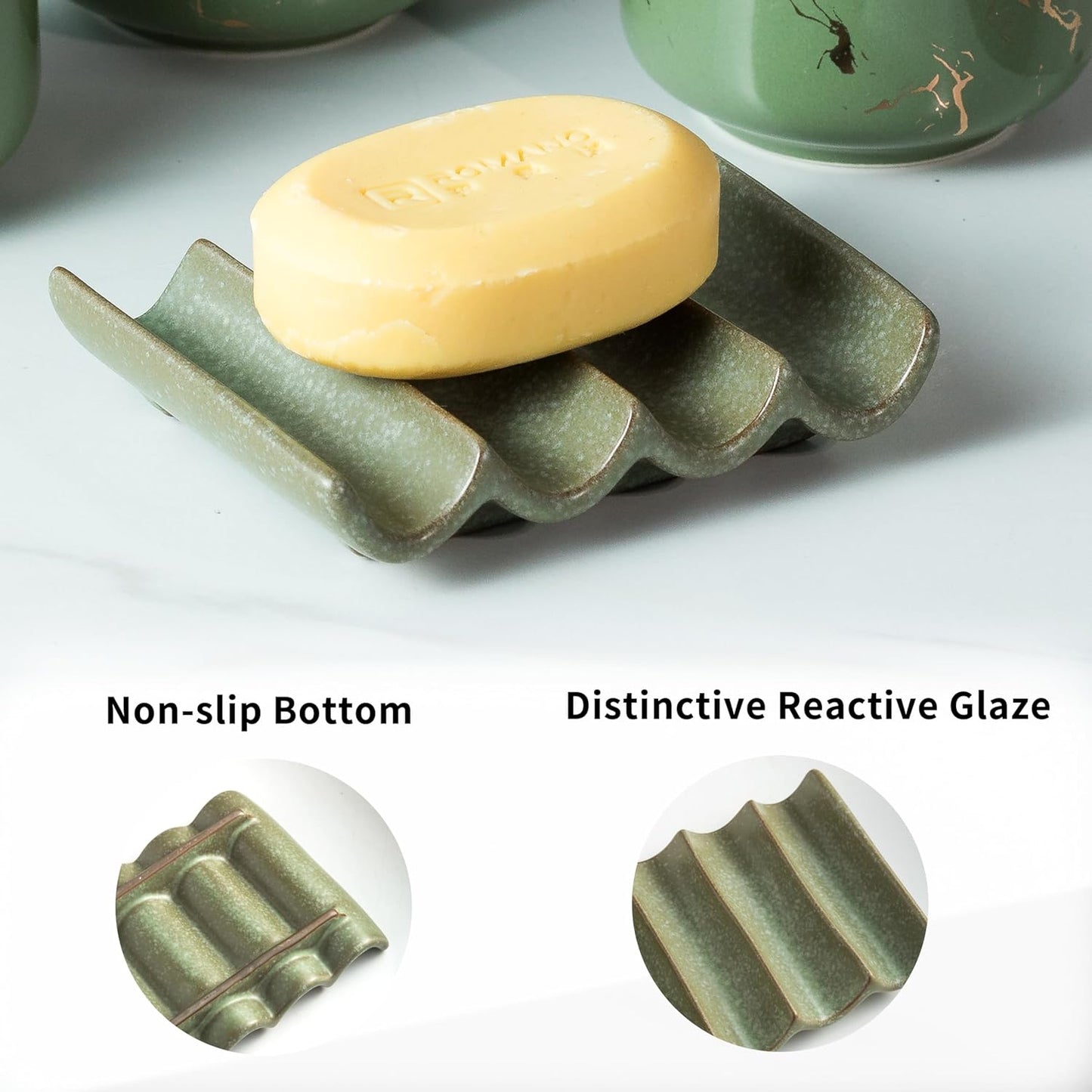 Draining Ceramic Soap Dish - Fluted Design, Bar Soap Holder for Shower & Bathroom, Soap Saver Sponge Lift, Green
