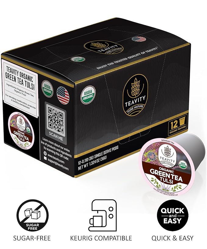 Organic Tulsi Tea Pods with Unsweetened Caffeinated Green Tea Pods for Keurig - Tulsi Green Tea by Teavity (12 Tea Pods)