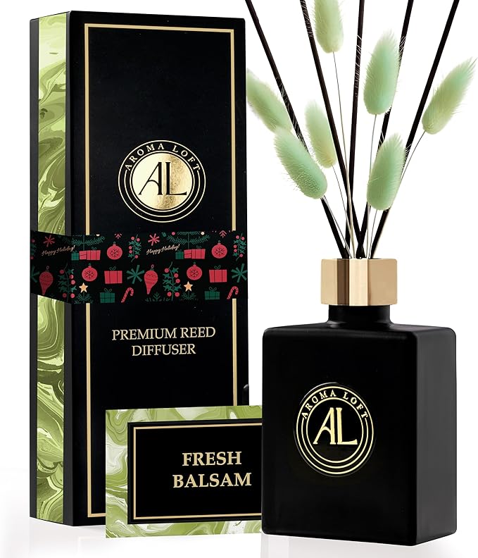 Christmas Reed Diffuser - Holiday Diffuser - Balsam Fir Reed Diffuser- Home Decor Gifts -Mens Bathroom Decor(Fresh Balsam)