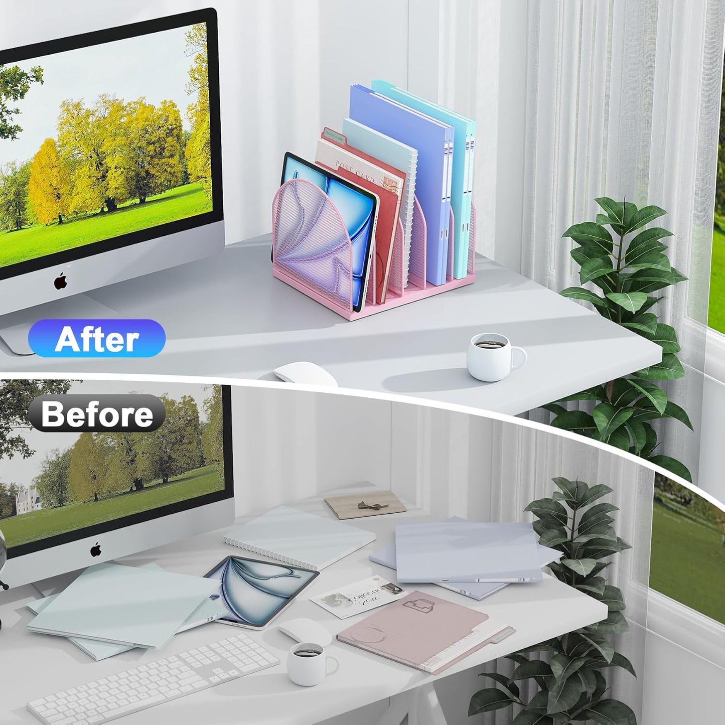 gianotter Desktop File Organizer, Desk Organizer with 5 Compartments, Paper Organizer for Desk, Workspace Organizers for Office Supplies (Pink)