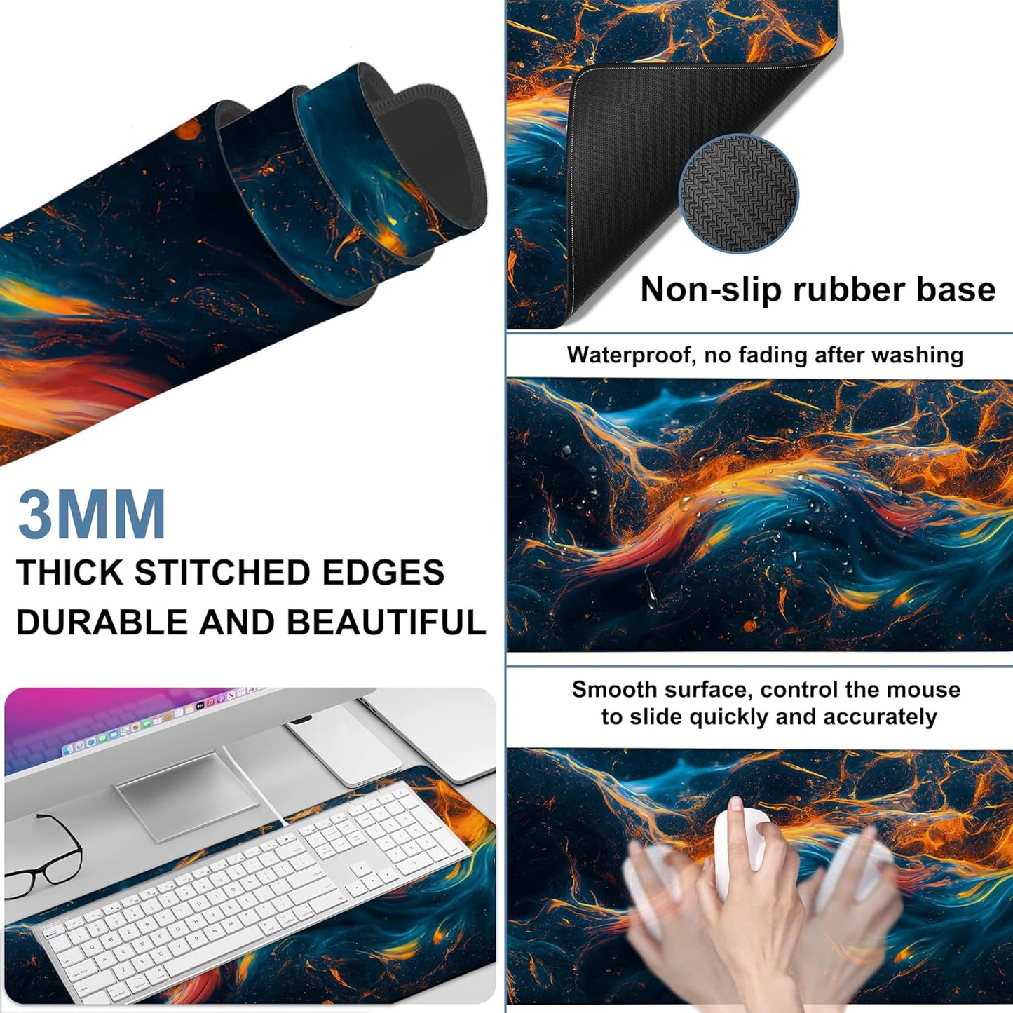 Gaming Desk Pad Large Extra Length Abstract Colorful Art Mouse Pad Keyboard Laptop Non-Slip Waterproof with Rubber Base Thick Stitched Edge Mouse Mat for Office Home 35.4 x 15.7 Inches