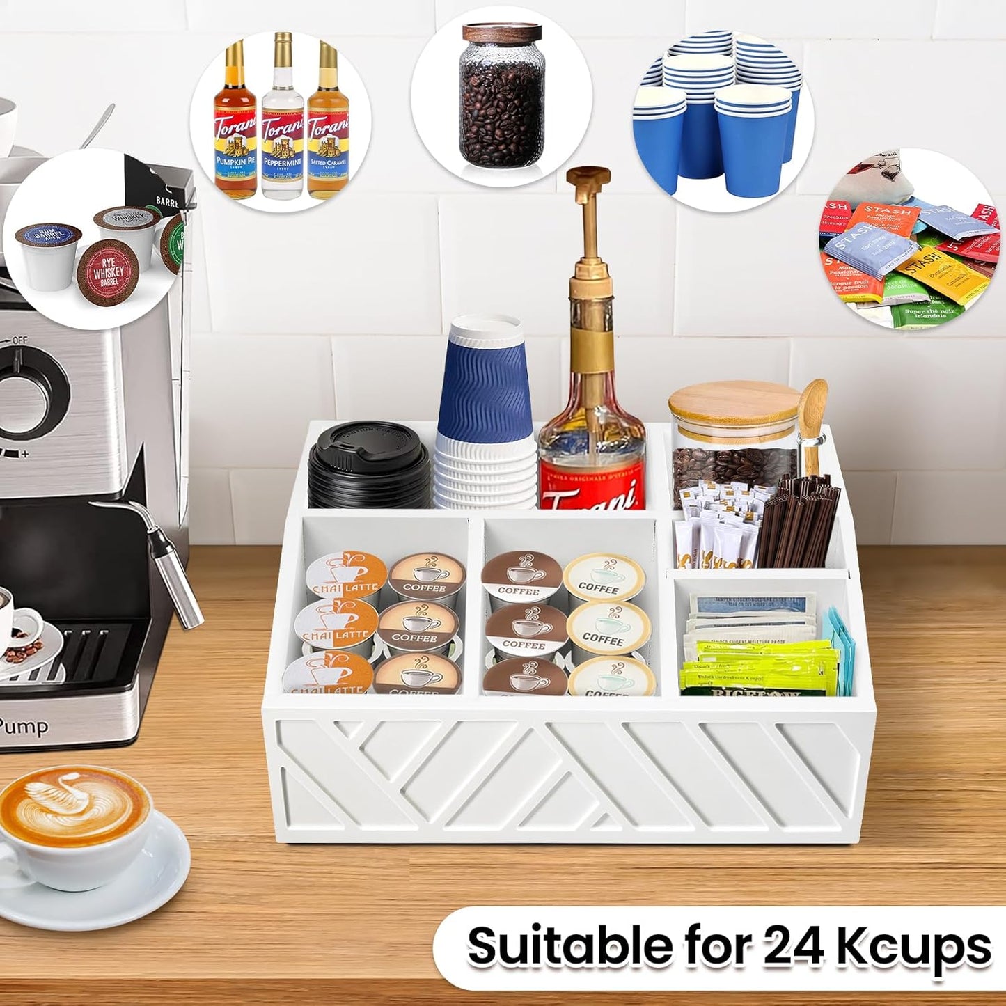 ugiftt Coffee Station Organizer for Counter, Wood Pods Holder Storage Basket, Tea Condiment Storage Organizer, Rustic Coffee Bar Decor for Accessories Organizer