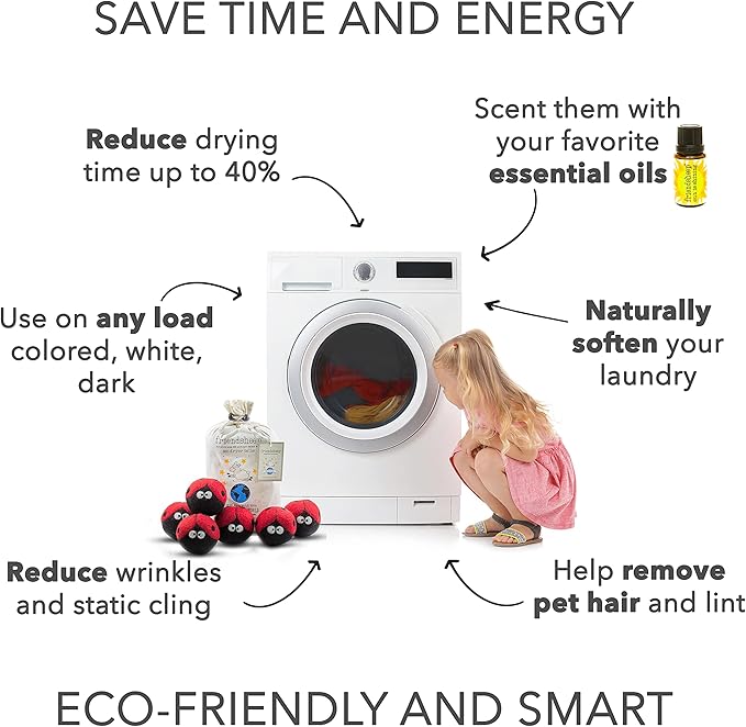 Friendsheep Wool Dryer Balls, Organic Reusable Fabric Softener Alternative for Laundry, Handmade, Fair Trade, Hypoallergenic, Eco-Friendly, Plastic-Free (6 Pack XL – Ladybugs)