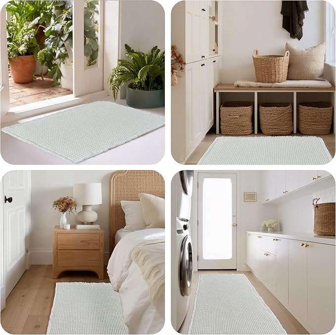 KGORGE Waffle Bathroom Rug, Large Super Absorbent Non Slip Washable Bathroom Rugs Decor, Boho Quick Dry Rubber Backed Bath Mat for Shower Toilet Hallway Hotel, Pure White, 24" W X 72" L 1pc