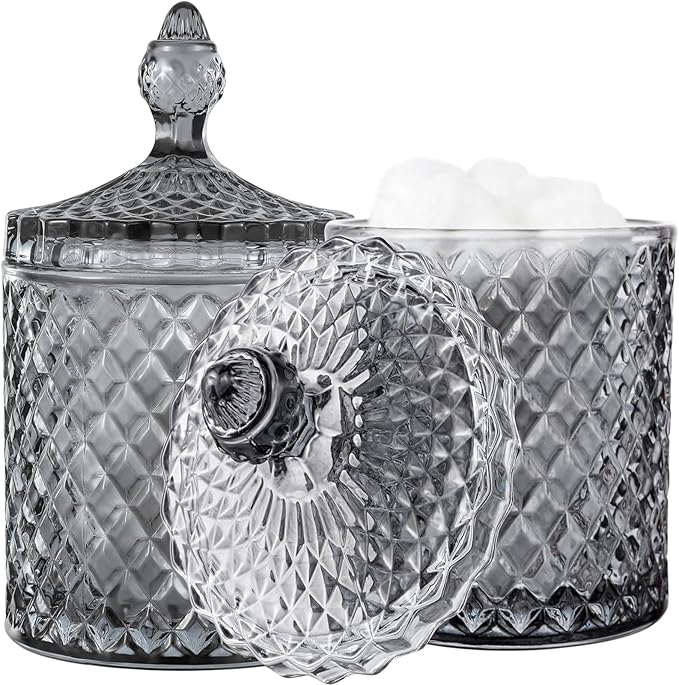 rejomiik 2 Pack Qtip Holder Glass Apothecary Jars with Lid for Bathroom Canisters Dispenser Decor Storage Organizer for Cotton Swabs, Balls, Pads, Floss Picks, Candy, Grey