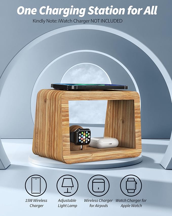 Bamboo Wireless Charging Station: 3-in-1 Wireless Charger with Night Lights - Fast Charging Stand Compatible with iPhone 16/15/14/13/12 Pro Max/X/Xs Max/8, AirPods Pro, Watch Series 10/9/8/7/6/5-2/SE