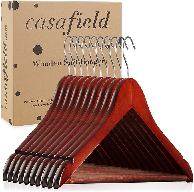 Casafield - 10 Cherry Wooden Suit Hangers - Premium Lotus Wood with Notches & Chrome Swivel Hook for Dress Clothes, Coats, Jackets, Pants, Shirts, Skirts
