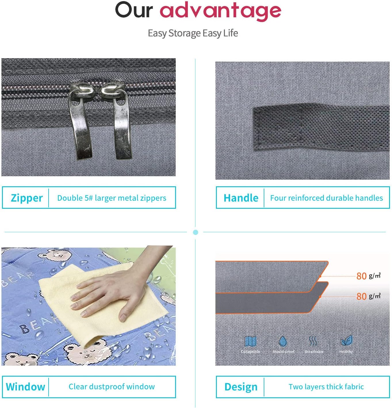 Onlyeasy Foldable Underbed Bags 2 Pack - Blankets Clothes Comforters Storage Bag Breathable Zippered Organizer for Bedroom with Clear Window and 4 Handles, 39.4x19.7x5.9 in, Linen-like Grey, MXDUBBP2