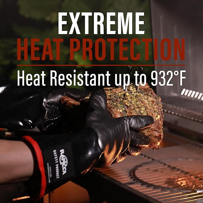 RAPICCA Heat Resistant BBQ Grill Gloves: Oil Resistant Waterproof for Smoking Grilling Cooking Barbecue Deep Frying Turkey Rotisserie Handling Hot Greacy Meat - Long Sleeve 932°F