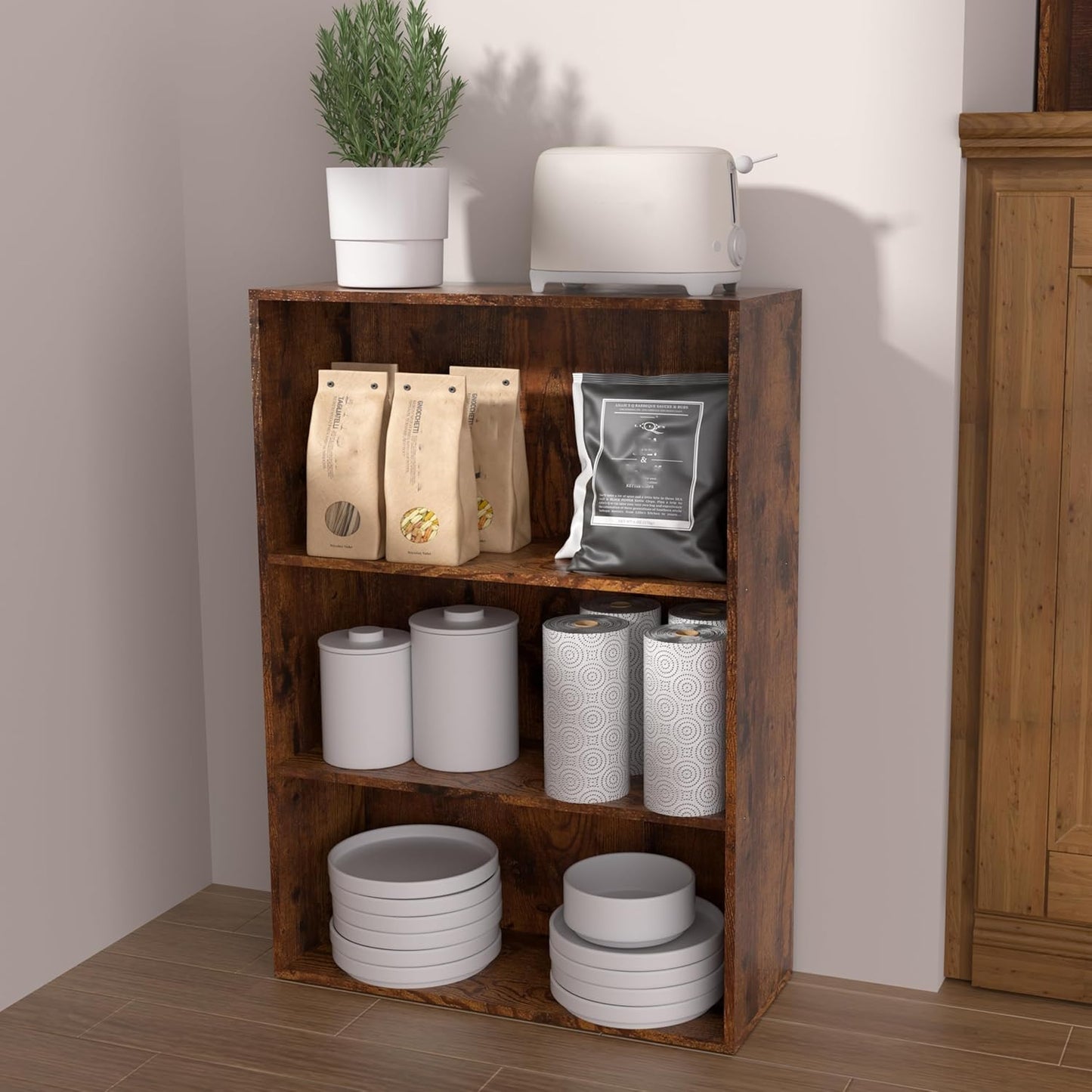 Wooden 3 Cube Storage Organizer,3 Tier Low Bookcase Storage Display Organizer, 33 Inch Versatile Cubes Shelf and Cubby Unit for Any Space (Brown, 3 Cube-W(23.6inch)