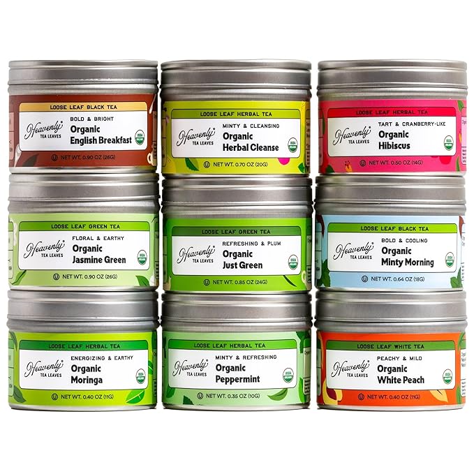 Heavenly Tea Leaves Organic 9 Flavor Variety Pack | Loose Leaf Tea Sampler (Approximately 90 Cups) | Premium Gift Set Assortment of Green, Herbal, Black & White Teas | Hot or Iced, High to No Caffeine