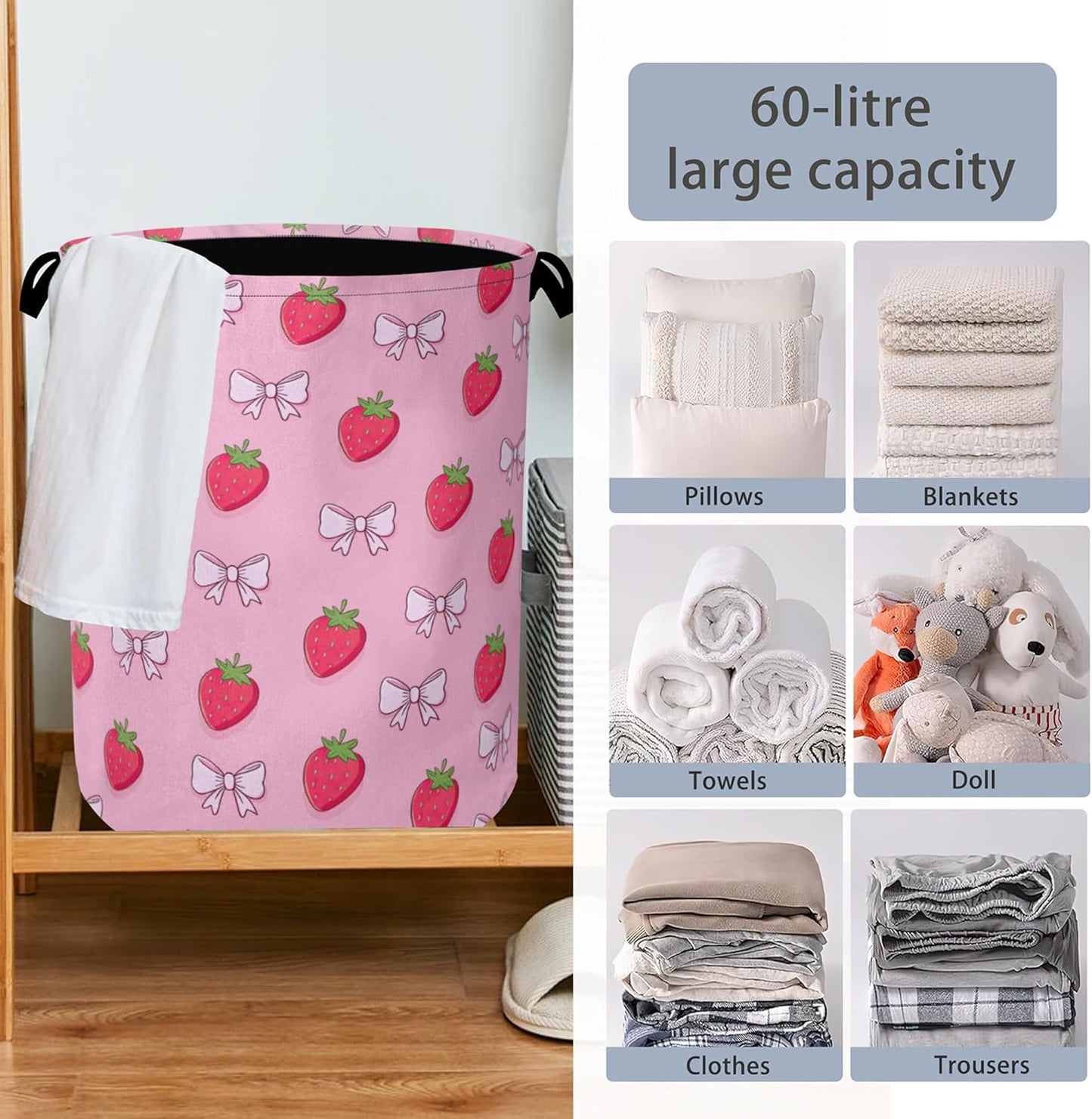 Cute Strawberry Laundry Basket,Bow Foldable with Handles Tote Bag Oxford Cloth for Bathroom Bedroom Dirty Clothes Storage Bucket 16" x 20.8"