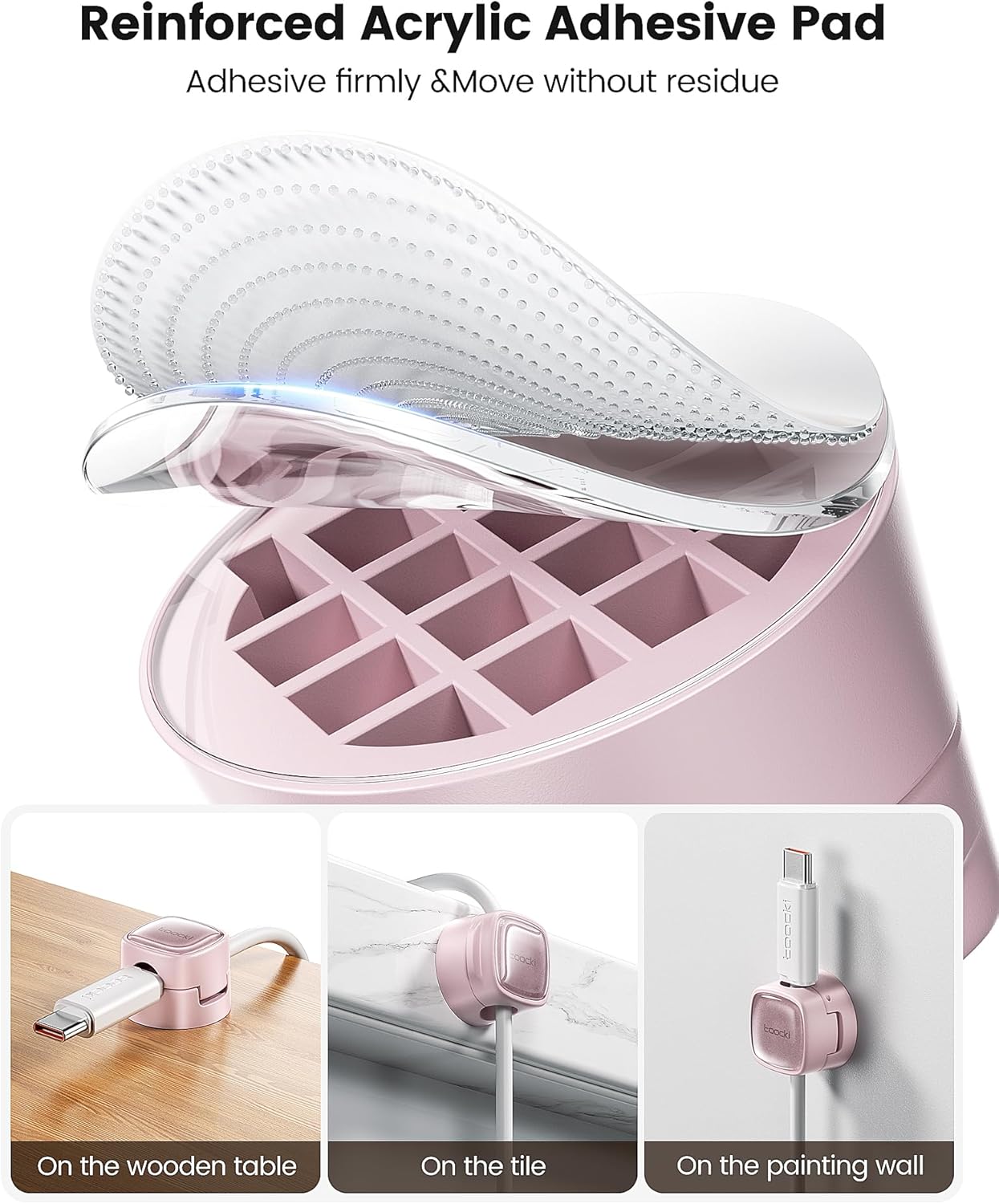 12 Pack Magnetic Cable Clips – Cord Organizer & Holder, Toocki Adhesive Cable Management, Wire Holder for USB Charging Cables, Ideal for Home, Office, Car, Desk, and Nightstand-Pink