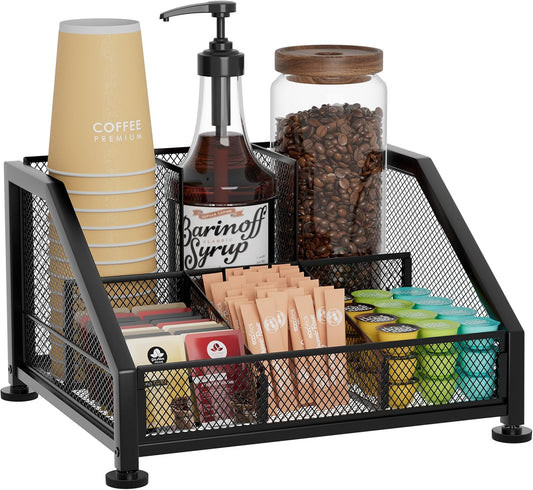 SWTYMIKI Coffee Bar Organizer for Countertop – Space-Saving Storage Rack with Tiered Shelves, Coffee Station Organizer for Breakroom, Kitchen, Office, Cafe, Mesh Tea Condiment Storage