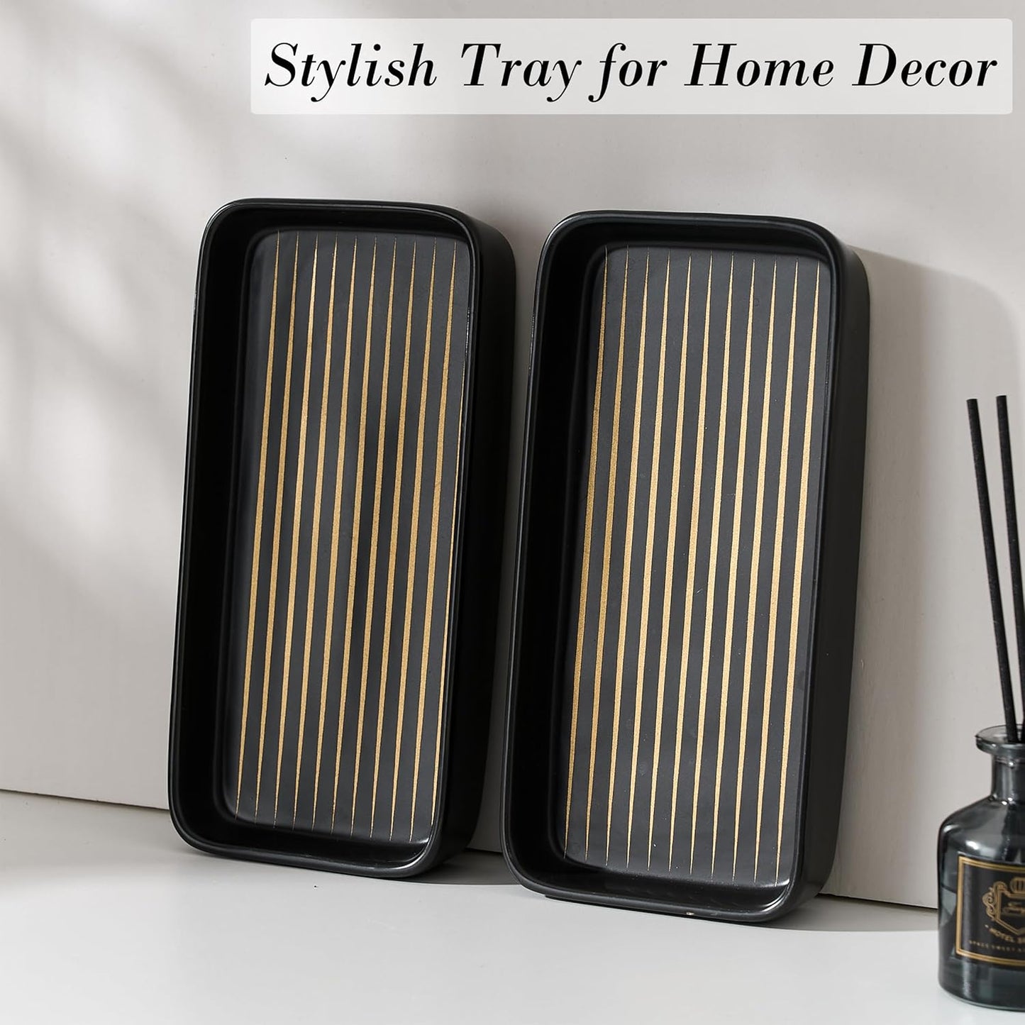 Bathroom Vanity Tray for Countertop,2PC Rectangle Striped Tray,Decorative Bathroom Organizer for Scrubber, Lotion Bottles, Perfume, Jewelry, Candle, Key Trinket Ring(Small,Black)