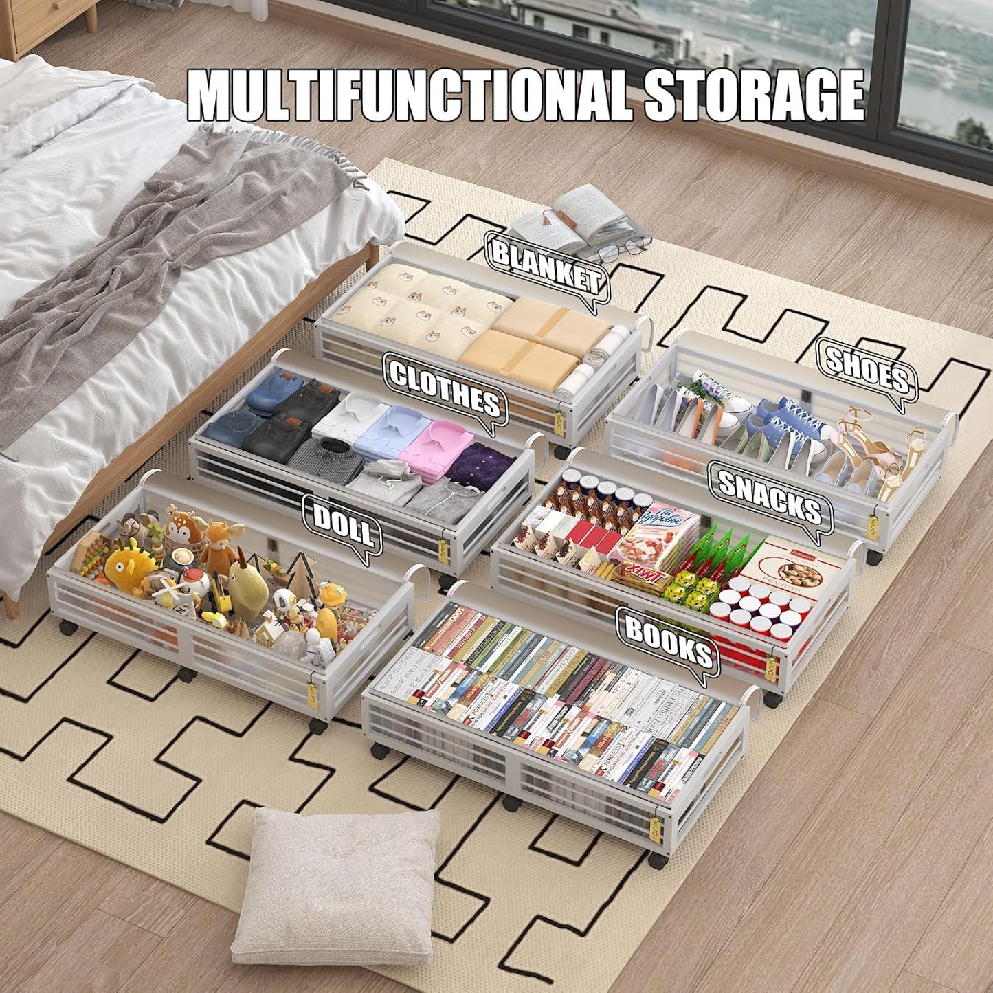 Under Bed Storage Containers with Wheels, Larger Bamboo Wood Under Furniture Storage Containers with Dust Bags，Rolling for Shoes Clothes